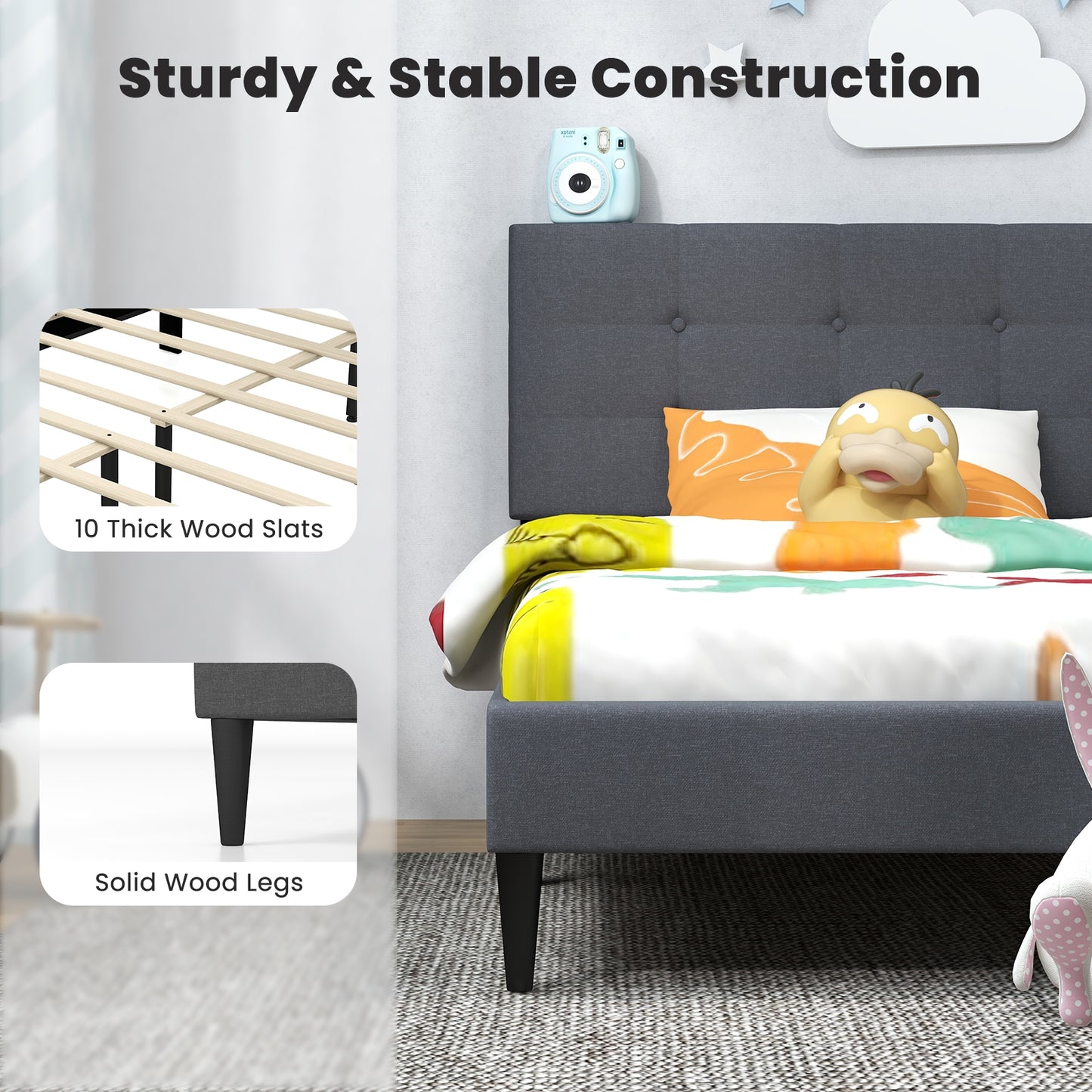 Modern Twin Size Upholstered Platform Bed with Button-Tufted Headboard in Grey