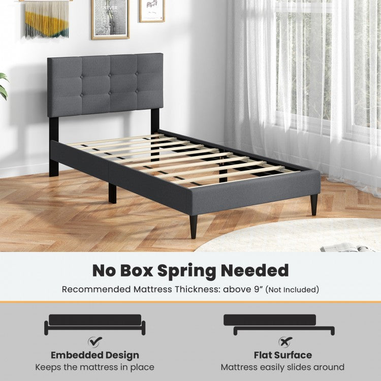Modern Twin Size Upholstered Platform Bed with Button-Tufted Headboard in Grey