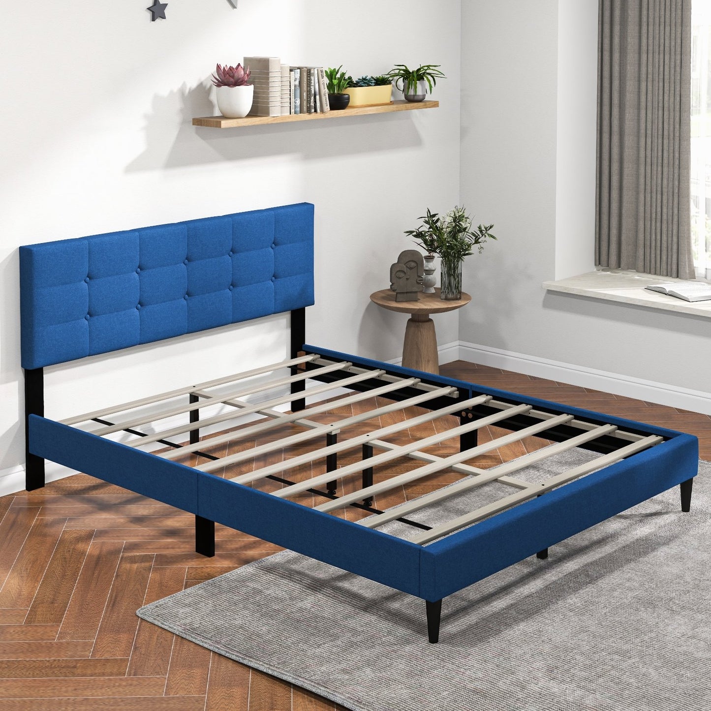 Modern Queen Size Upholstered Platform Bed with Button-Tufted Headboard in Blue