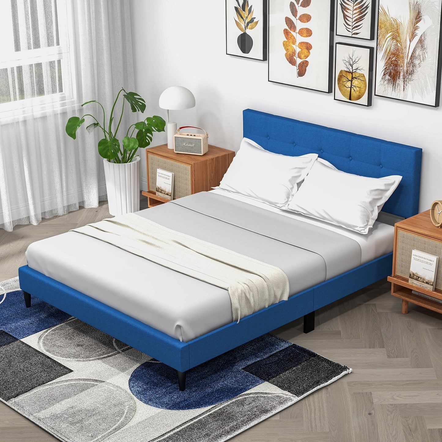Modern Queen Size Upholstered Platform Bed with Button-Tufted Headboard in Blue