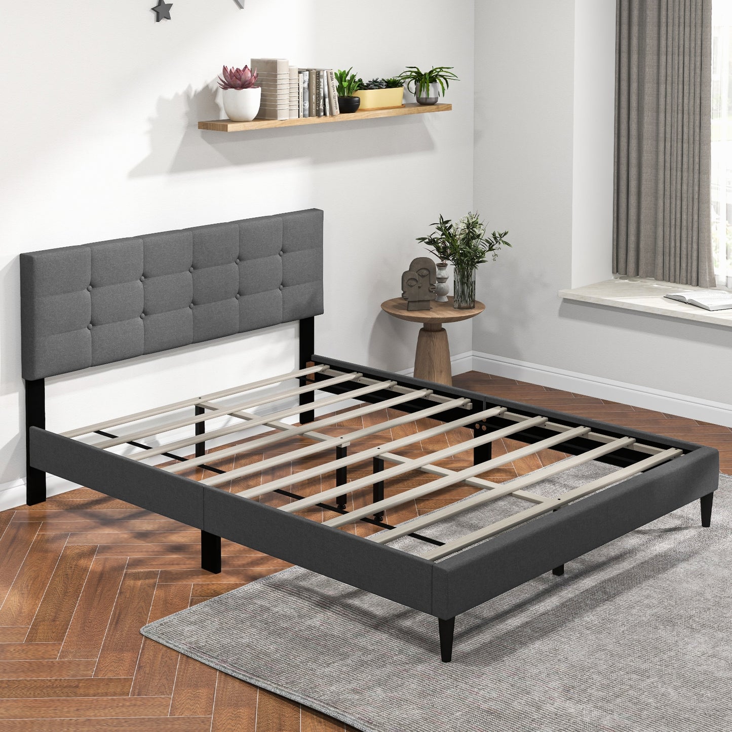 Modern Queen Size Upholstered Platform Bed with Button-Tufted Headboard in Grey