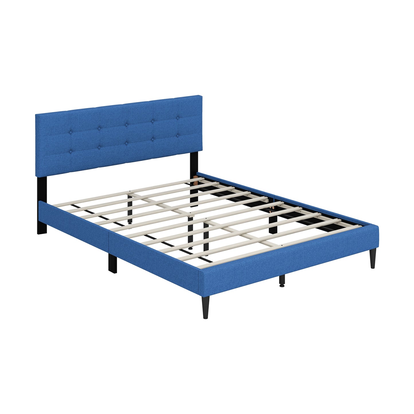 Modern Queen Size Upholstered Platform Bed with Button-Tufted Headboard in Blue