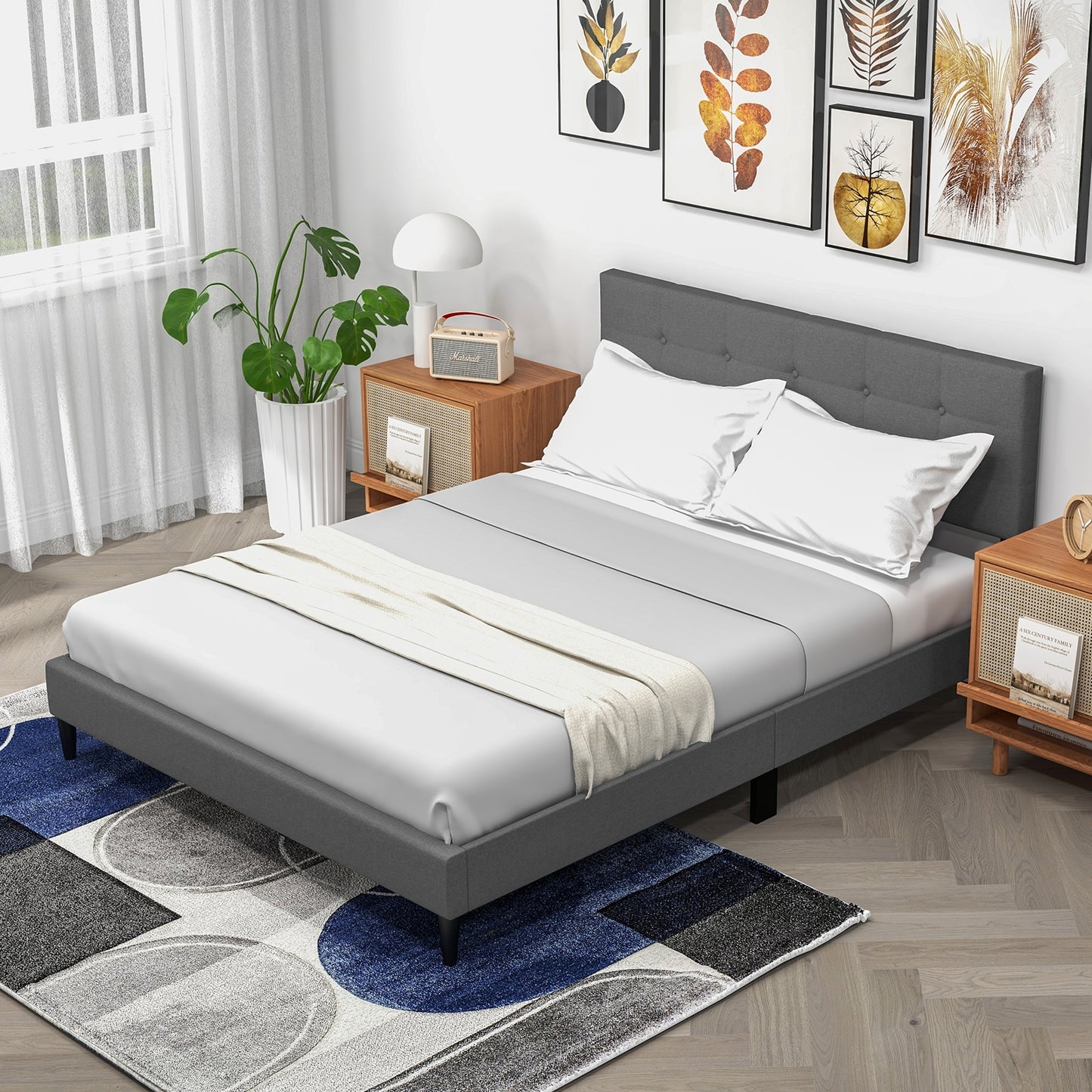 Modern Queen Size Upholstered Platform Bed with Button-Tufted Headboard in Grey