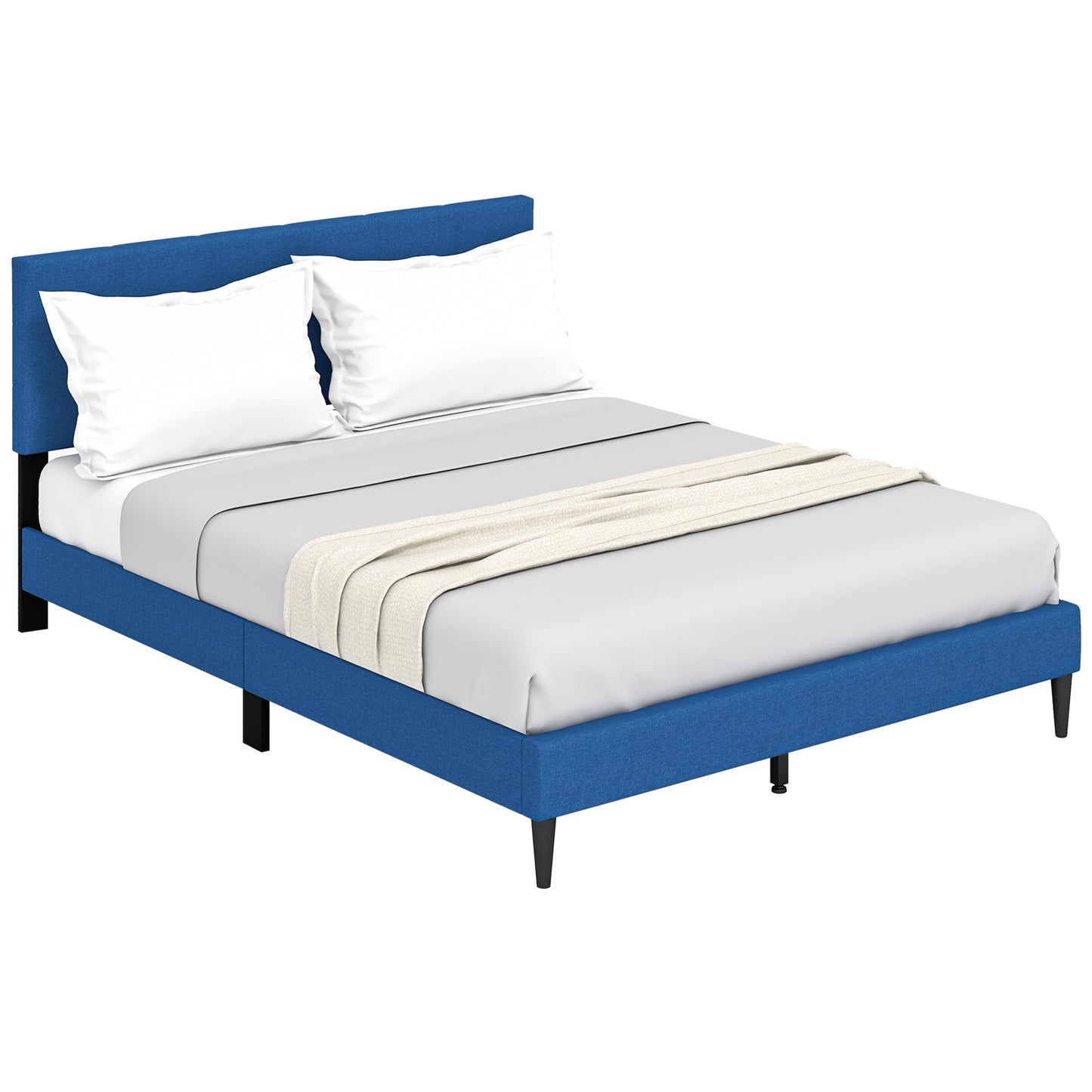 Modern Queen Size Upholstered Platform Bed with Button-Tufted Headboard in Blue