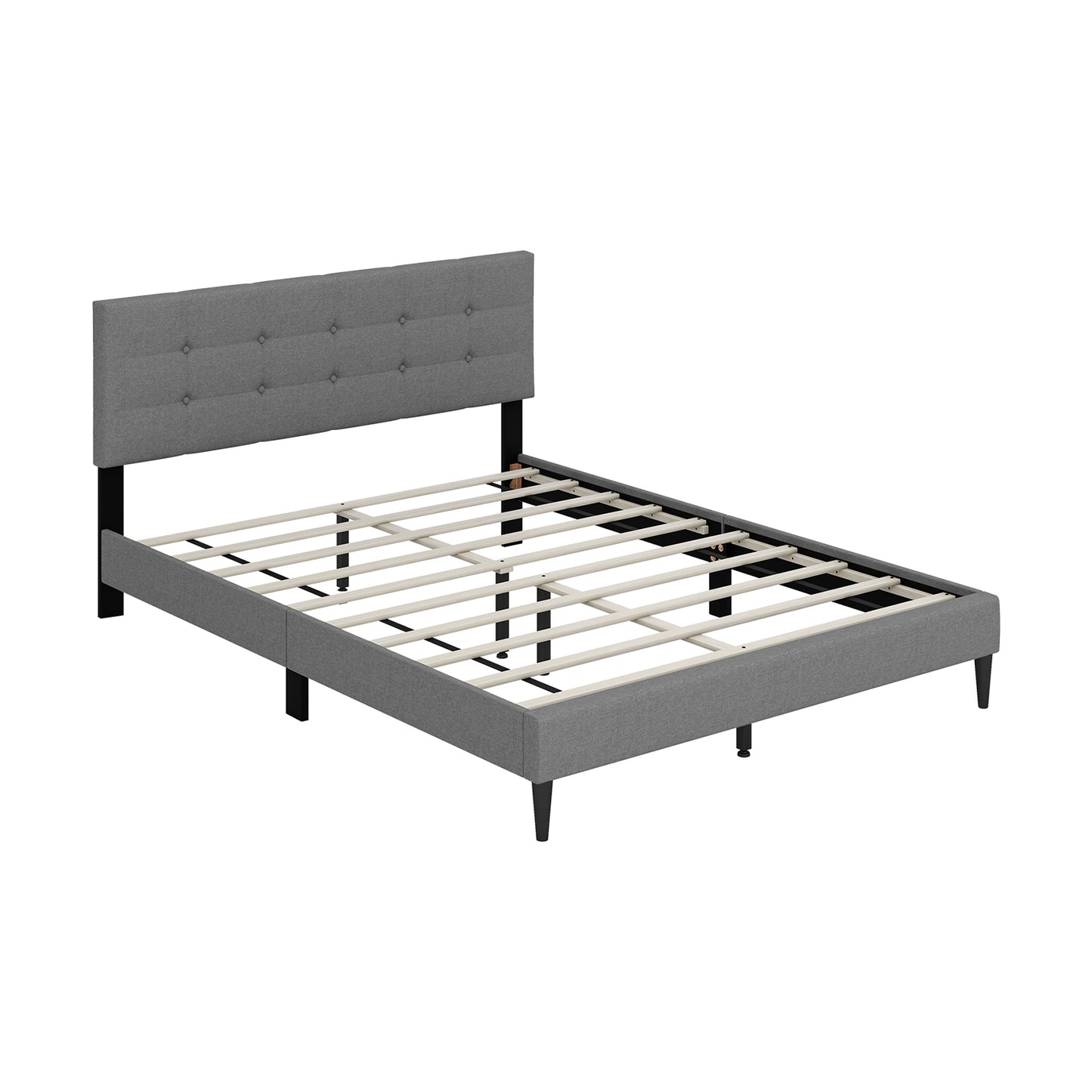 Modern Queen Size Upholstered Platform Bed with Button-Tufted Headboard in Grey