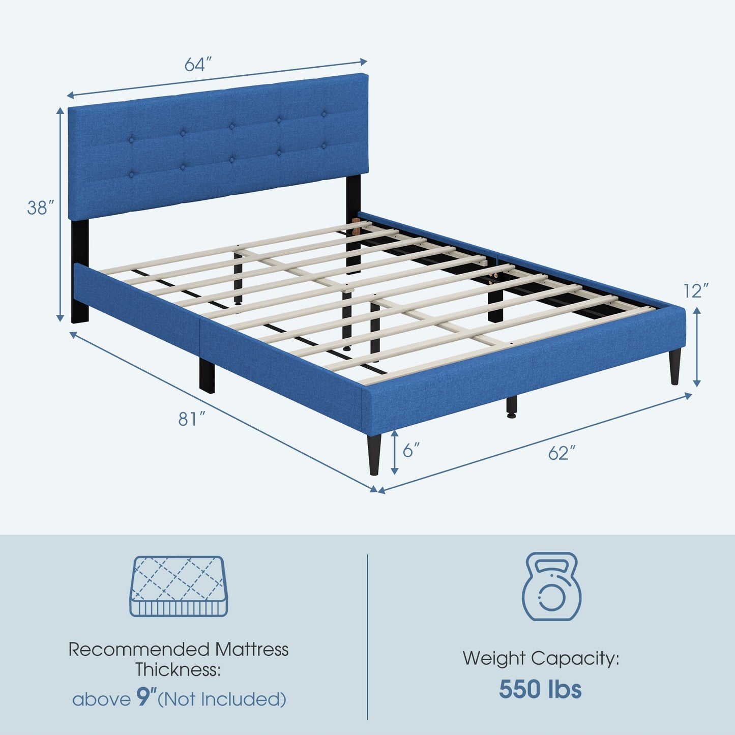 Modern Queen Size Upholstered Platform Bed with Button-Tufted Headboard in Blue