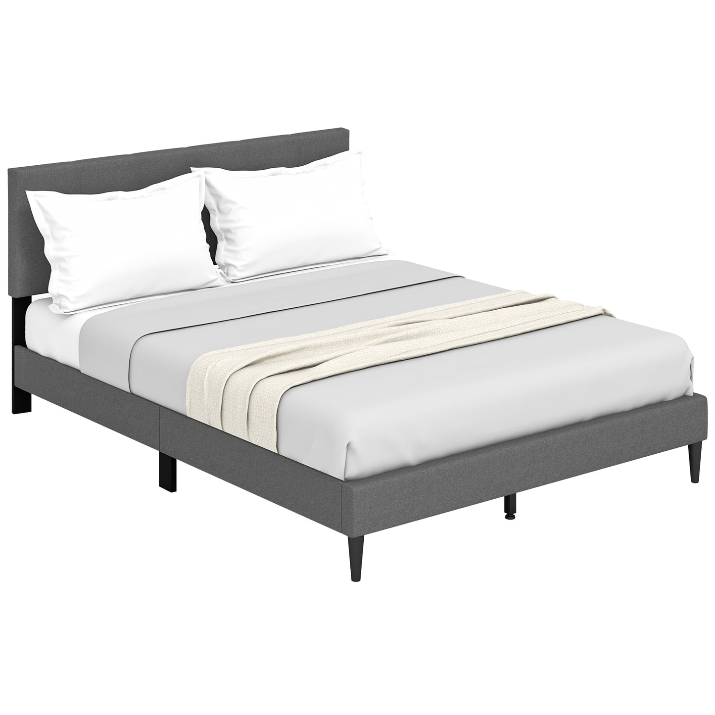 Modern Queen Size Upholstered Platform Bed with Button-Tufted Headboard in Grey