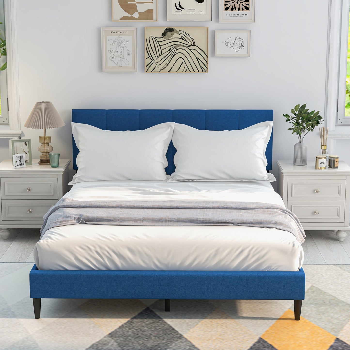 Modern Queen Size Upholstered Platform Bed with Button-Tufted Headboard in Blue