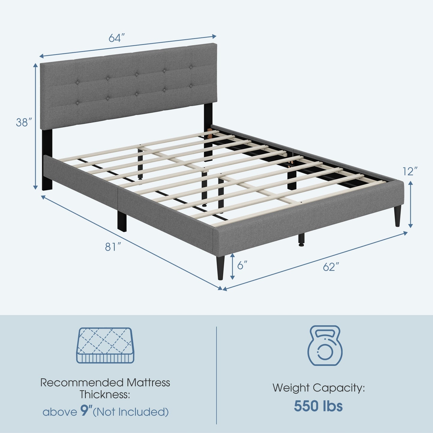 Modern Queen Size Upholstered Platform Bed with Button-Tufted Headboard in Grey