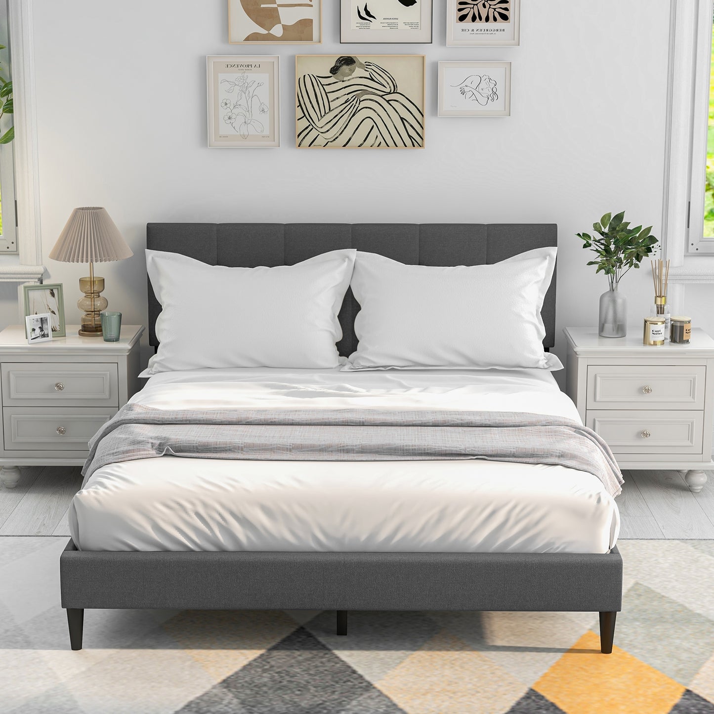 Modern Queen Size Upholstered Platform Bed with Button-Tufted Headboard in Grey