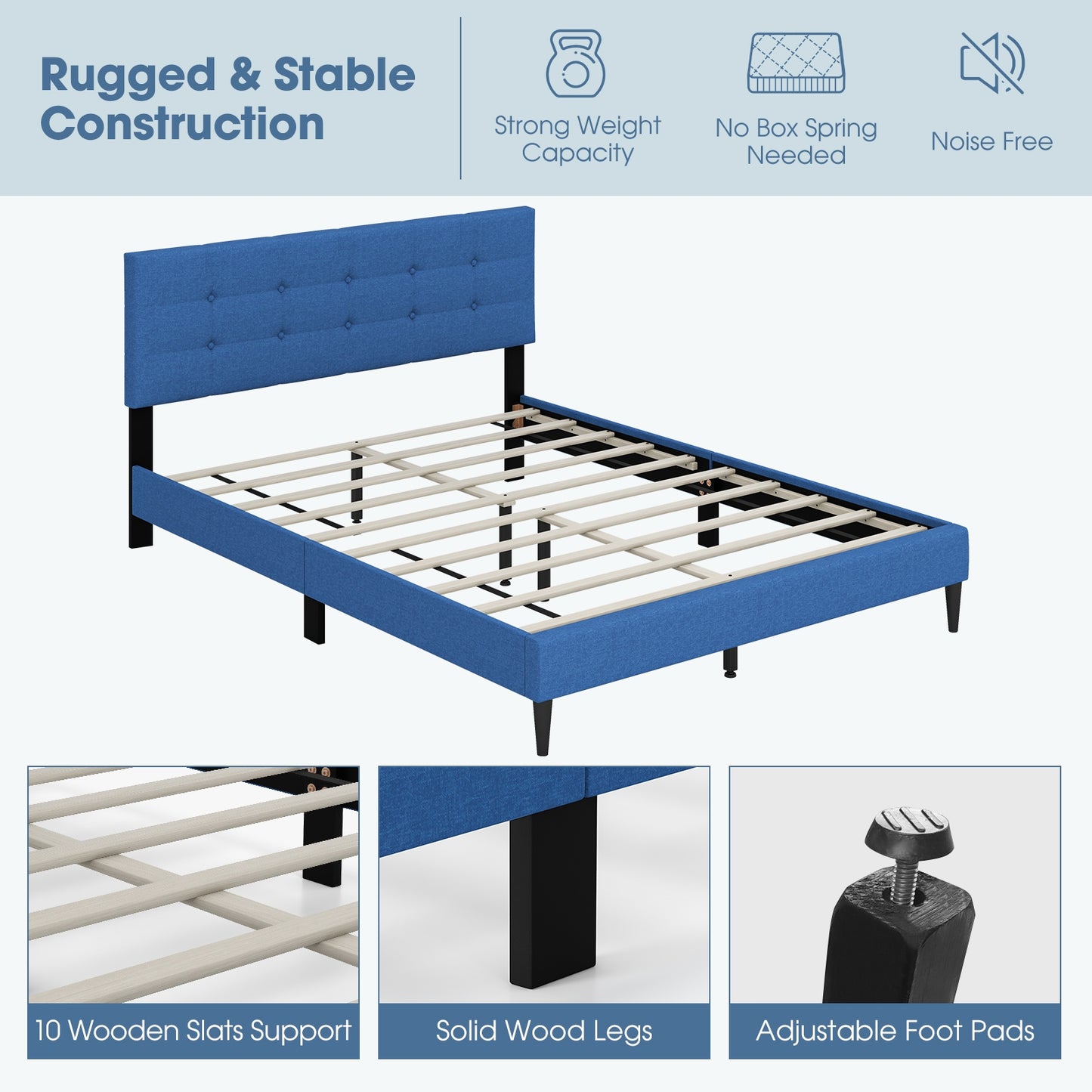 Modern Queen Size Upholstered Platform Bed with Button-Tufted Headboard in Blue