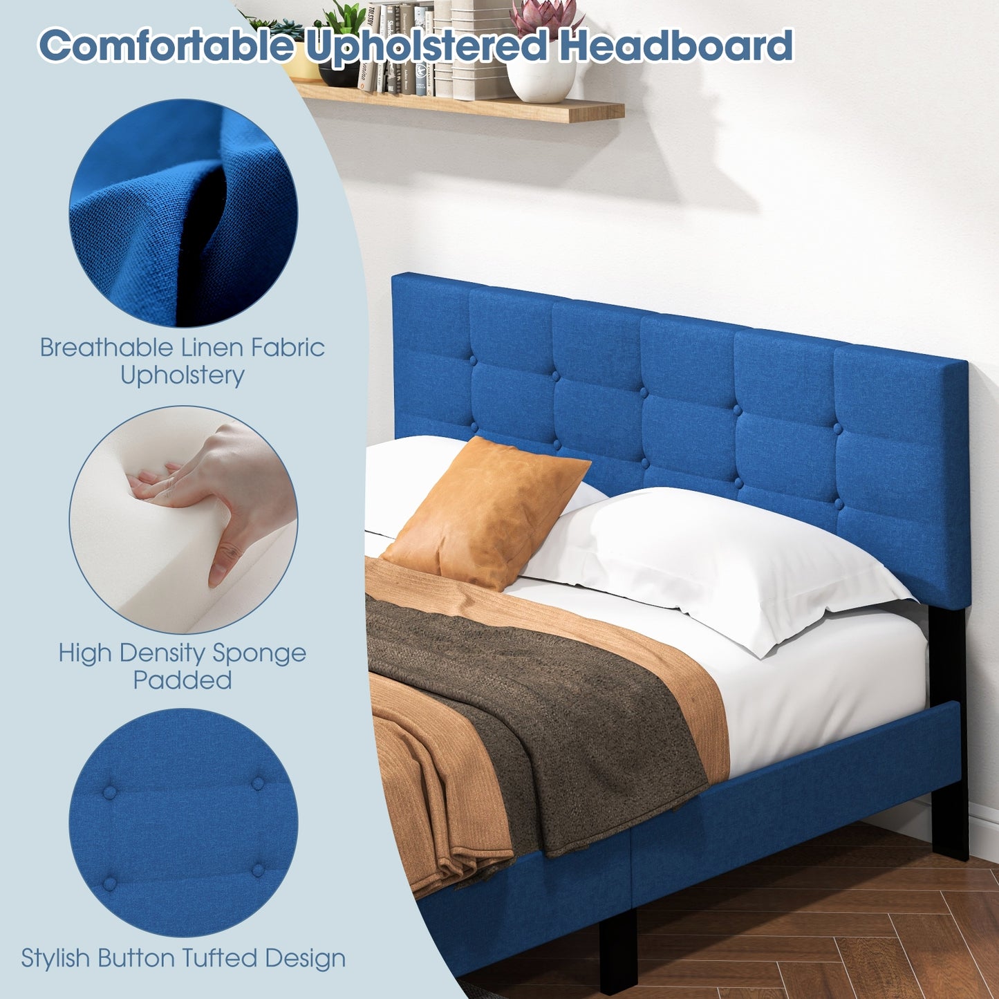 Modern Queen Size Upholstered Platform Bed with Button-Tufted Headboard in Blue