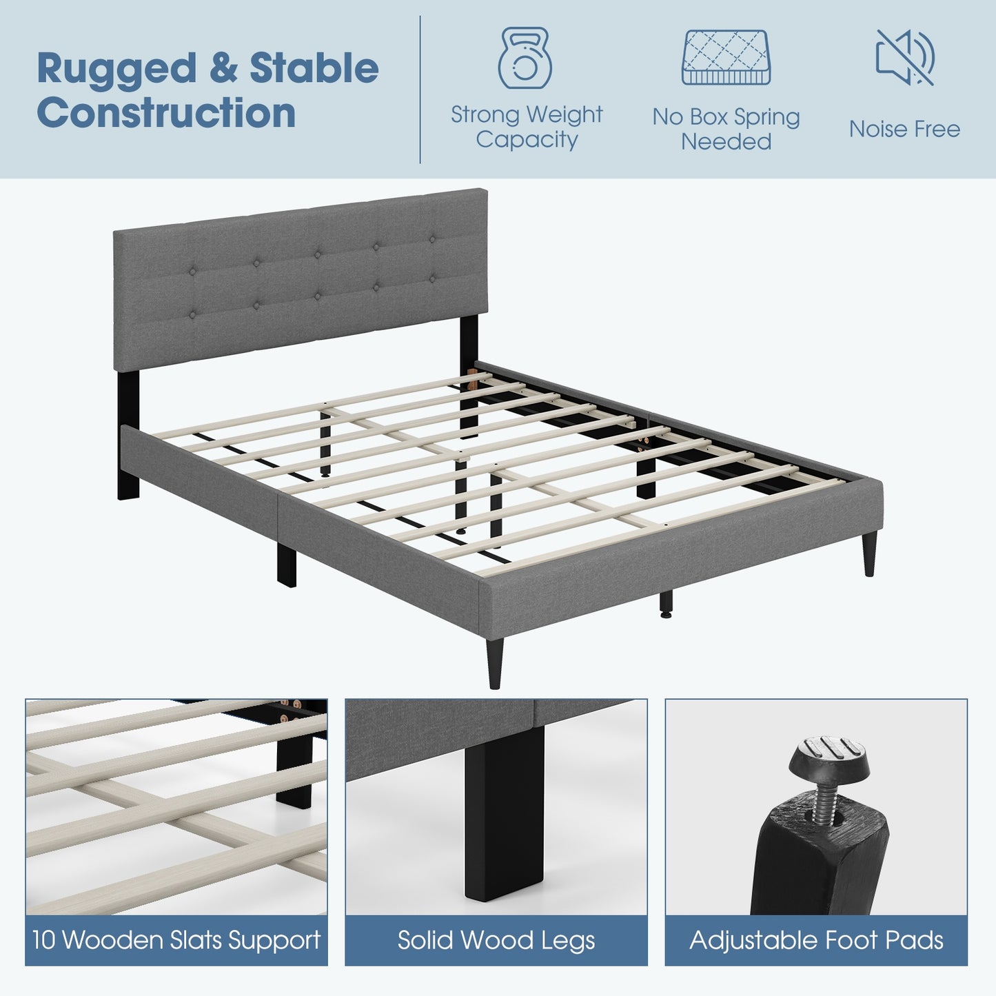 Modern Queen Size Upholstered Platform Bed with Button-Tufted Headboard in Grey