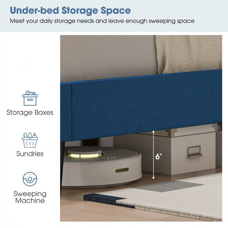 Modern Queen Size Upholstered Platform Bed with Button-Tufted Headboard in Blue