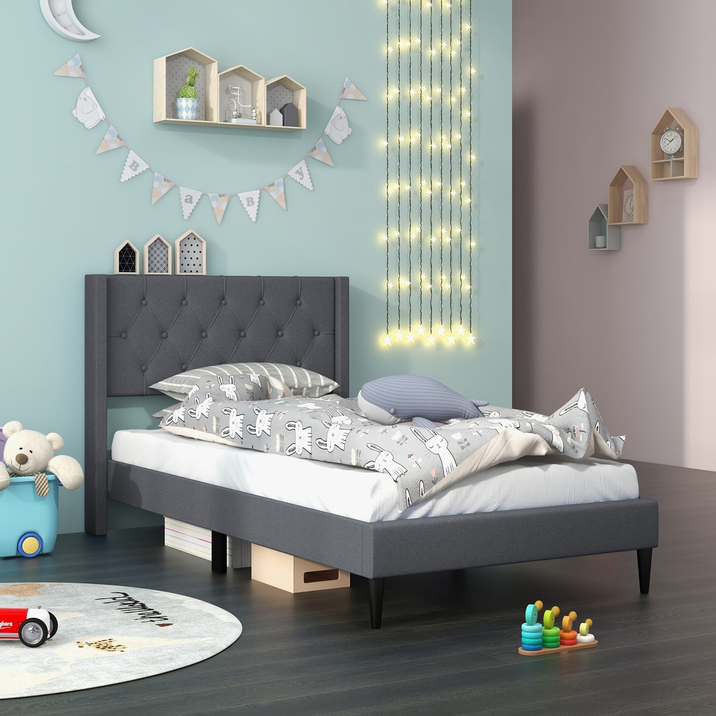 Modern Twin Size Upholstered Platform Bed with Button Tufted Wingback Headboard – Grey