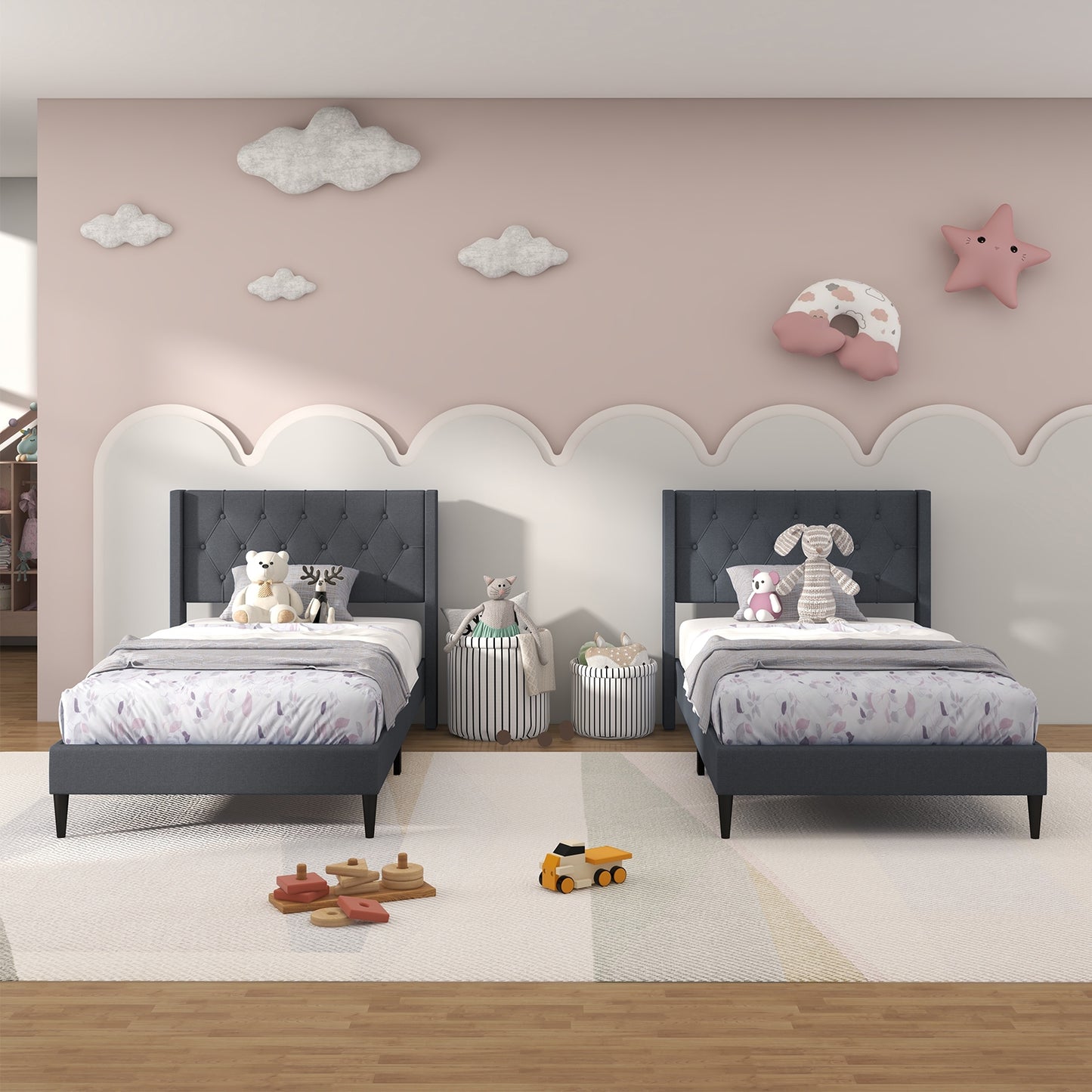 Modern Twin Size Upholstered Platform Bed with Button Tufted Wingback Headboard – Grey