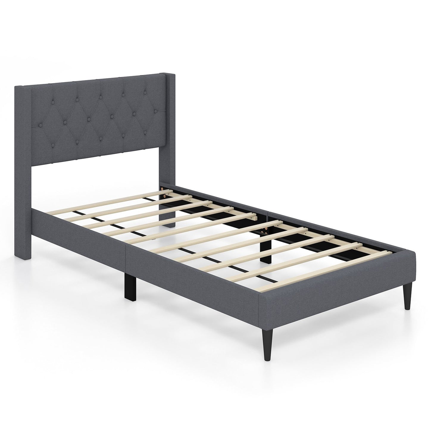 Modern Twin Size Upholstered Platform Bed with Button Tufted Wingback Headboard – Grey