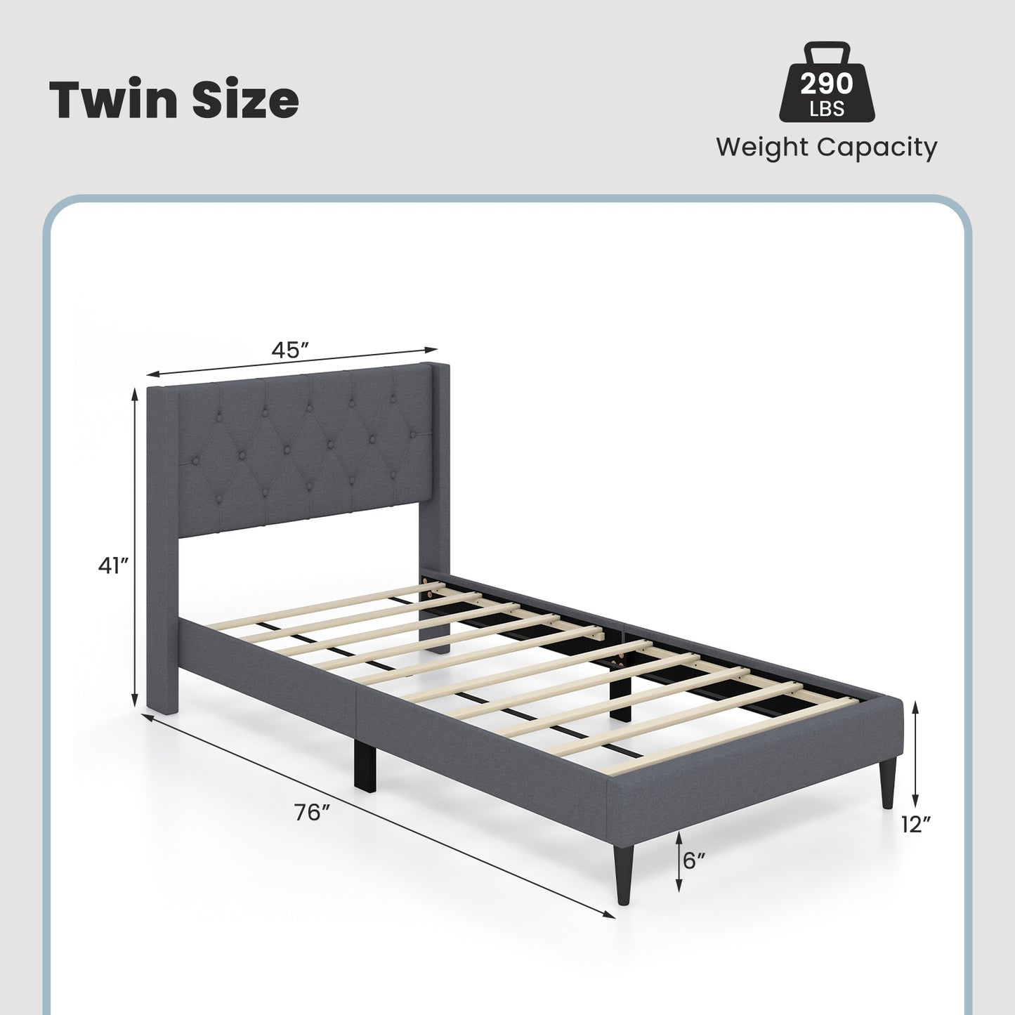 Modern Twin Size Upholstered Platform Bed with Button Tufted Wingback Headboard – Grey