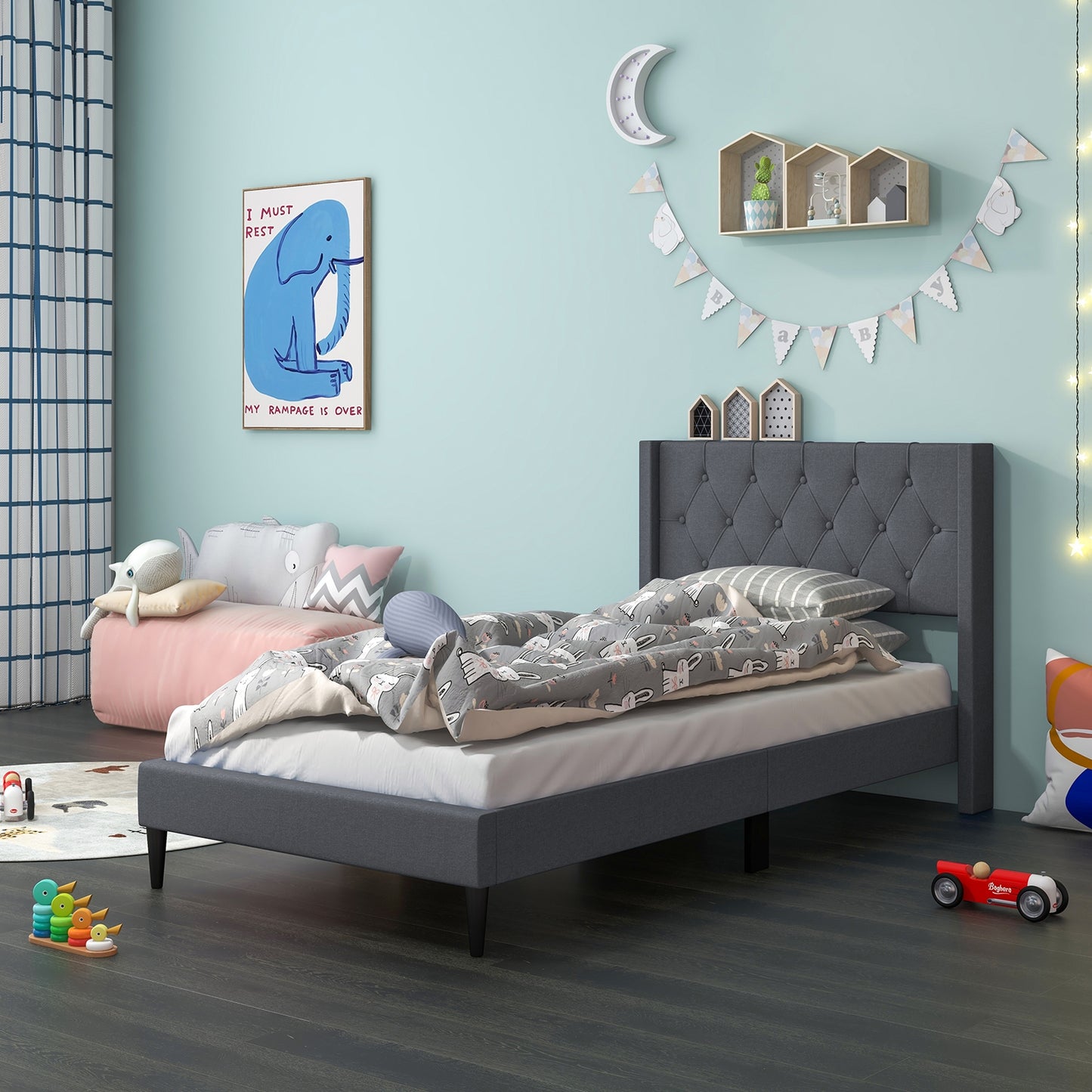 Modern Twin Size Upholstered Platform Bed with Button Tufted Wingback Headboard – Grey