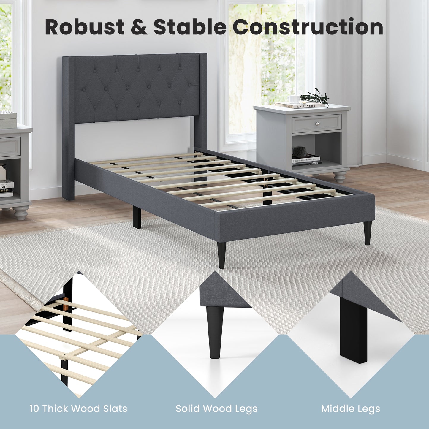 Modern Twin Size Upholstered Platform Bed with Button Tufted Wingback Headboard – Grey