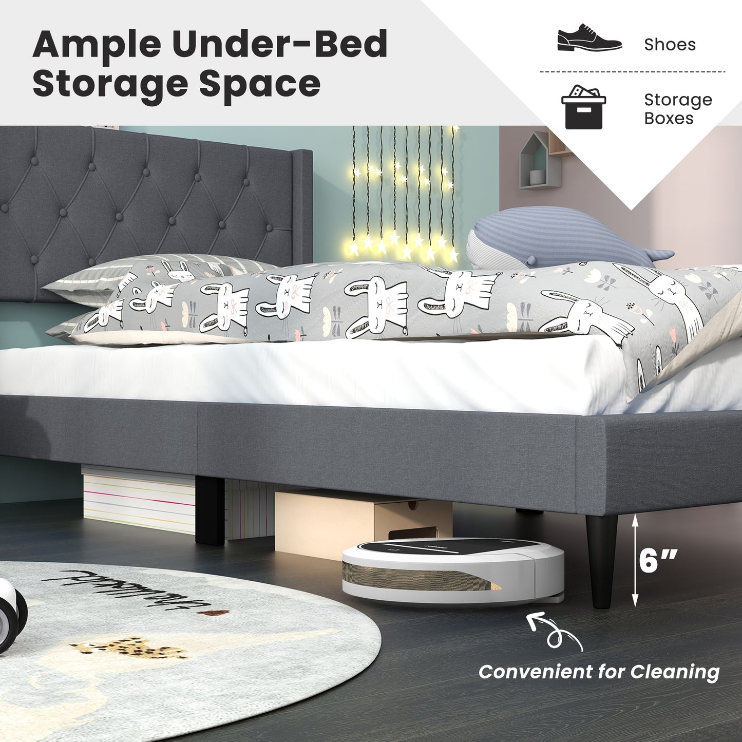 Modern Twin Size Upholstered Platform Bed with Button Tufted Wingback Headboard – Grey