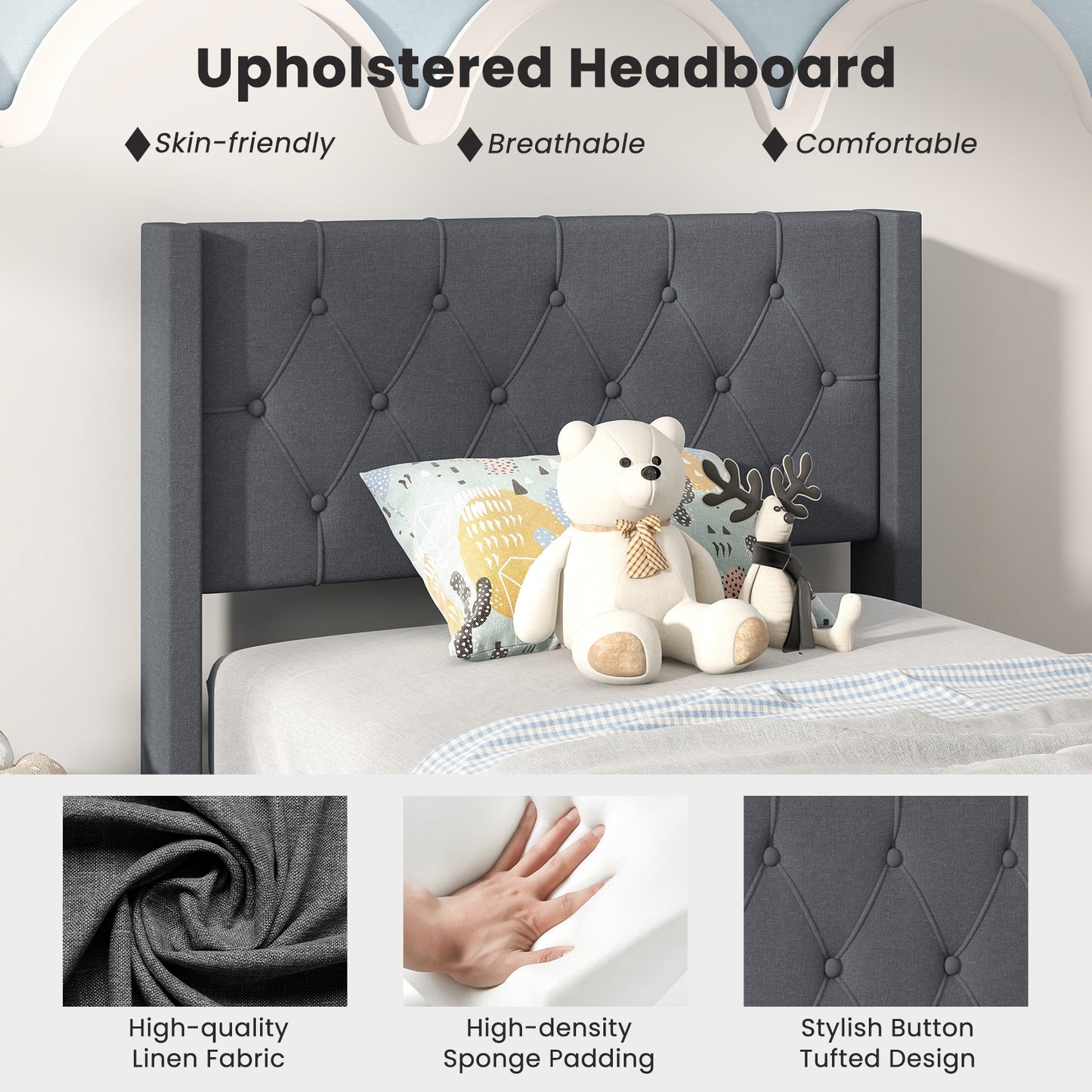 Modern Twin Size Upholstered Platform Bed with Button Tufted Wingback Headboard – Grey