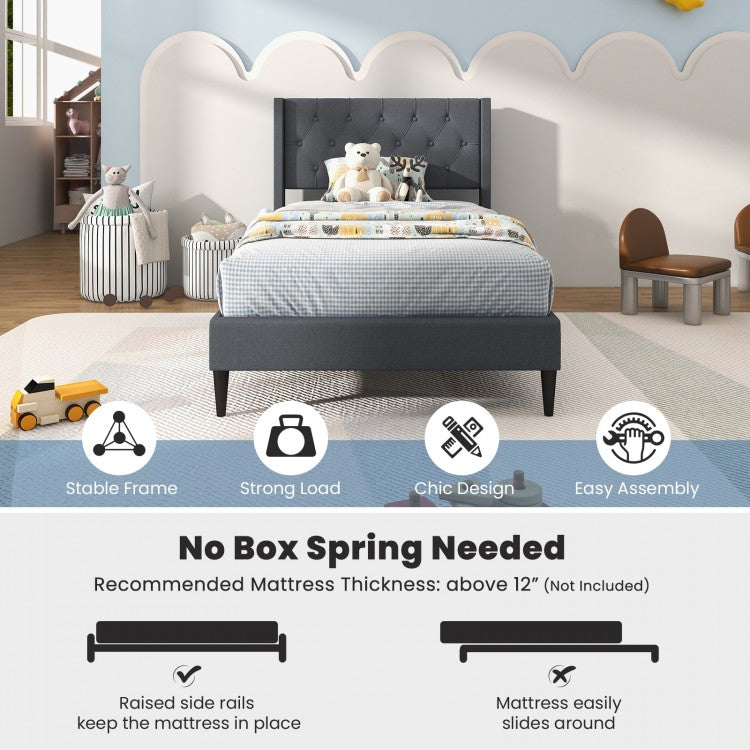Modern Twin Size Upholstered Platform Bed with Button Tufted Wingback Headboard – Grey