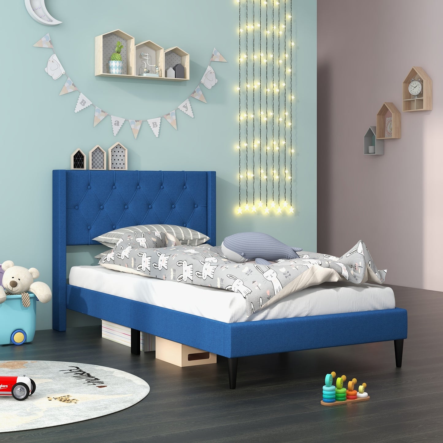 Modern Twin Size Upholstered Platform Bed with Button Tufted Wingback Headboard – Blue