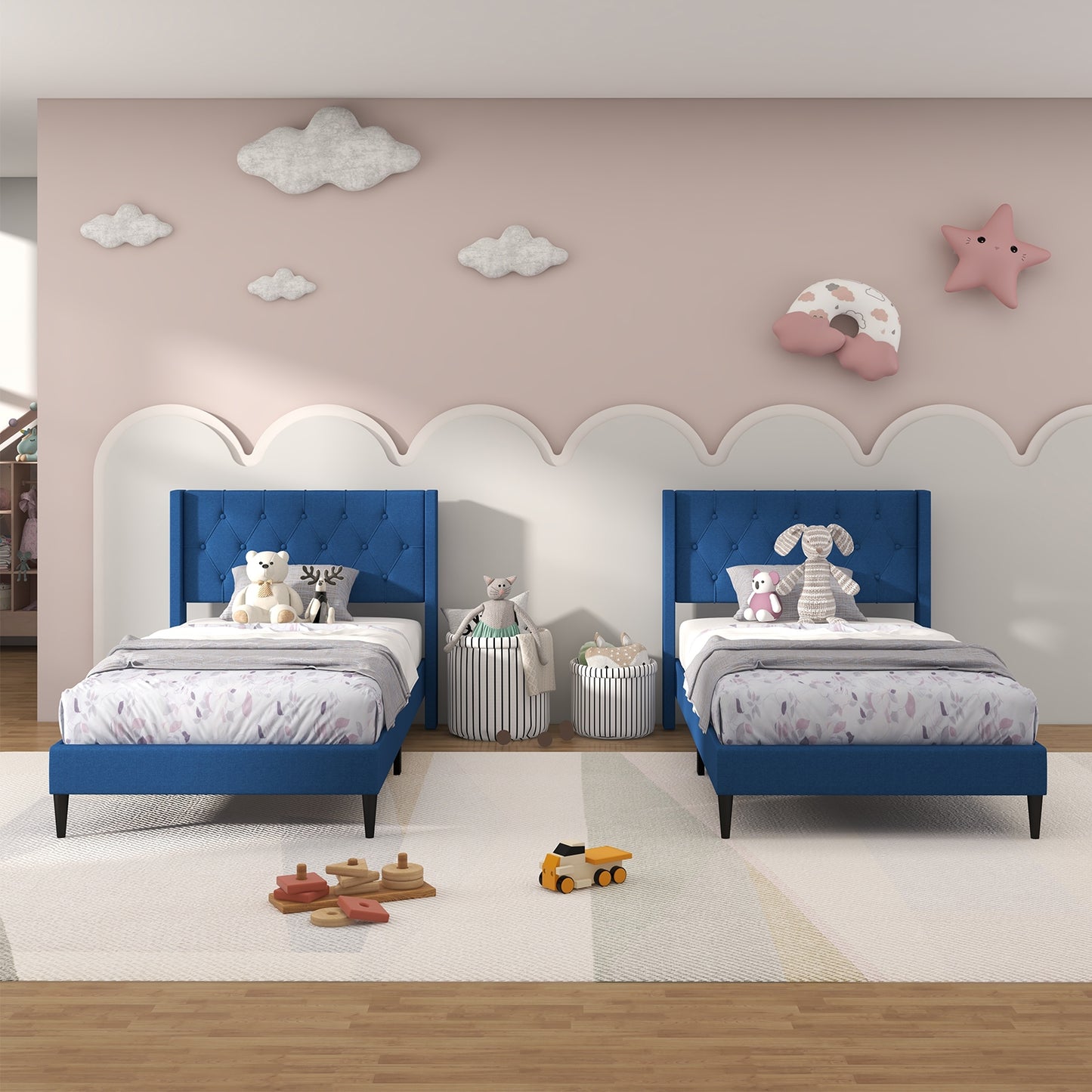 Modern Twin Size Upholstered Platform Bed with Button Tufted Wingback Headboard – Blue