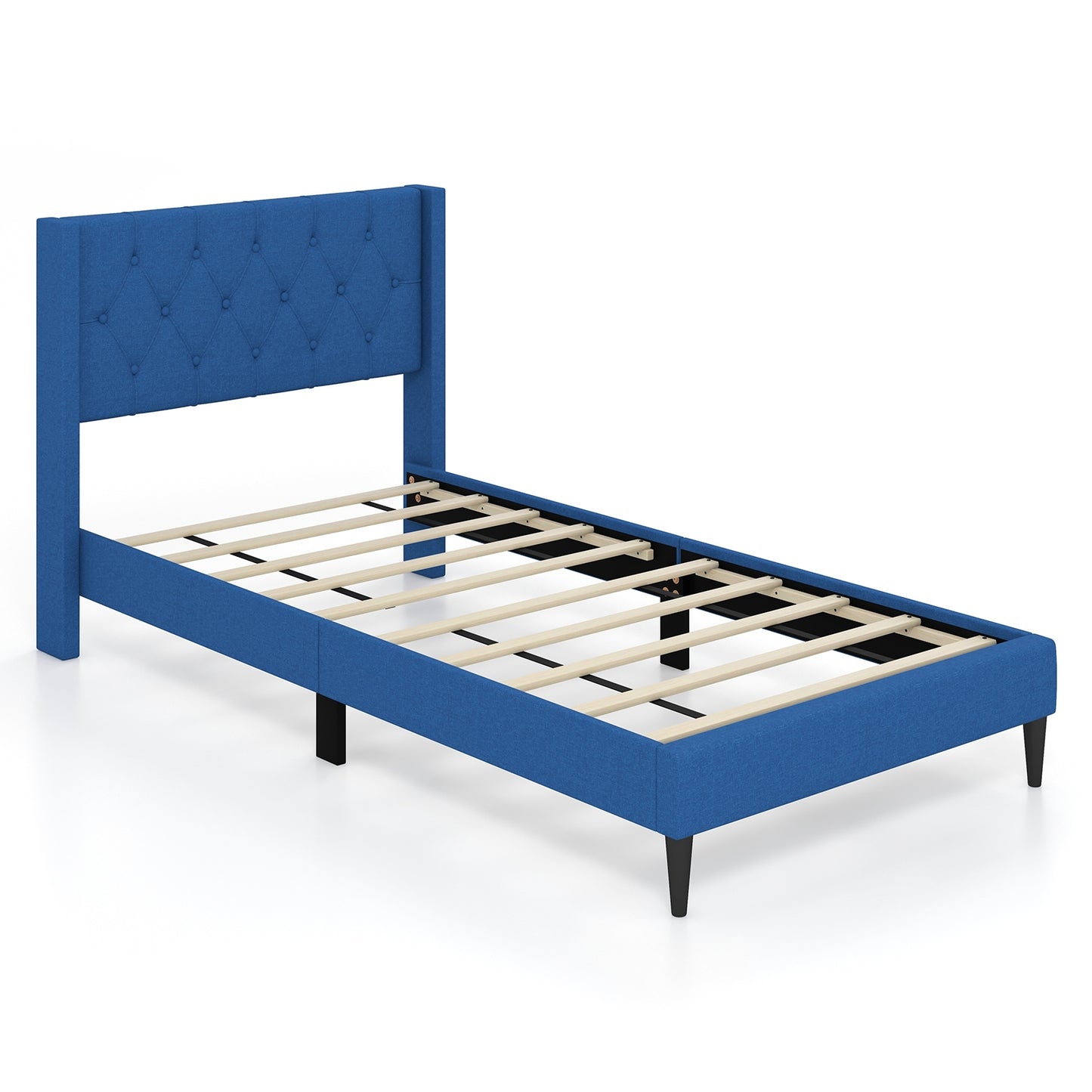Modern Twin Size Upholstered Platform Bed with Button Tufted Wingback Headboard – Blue