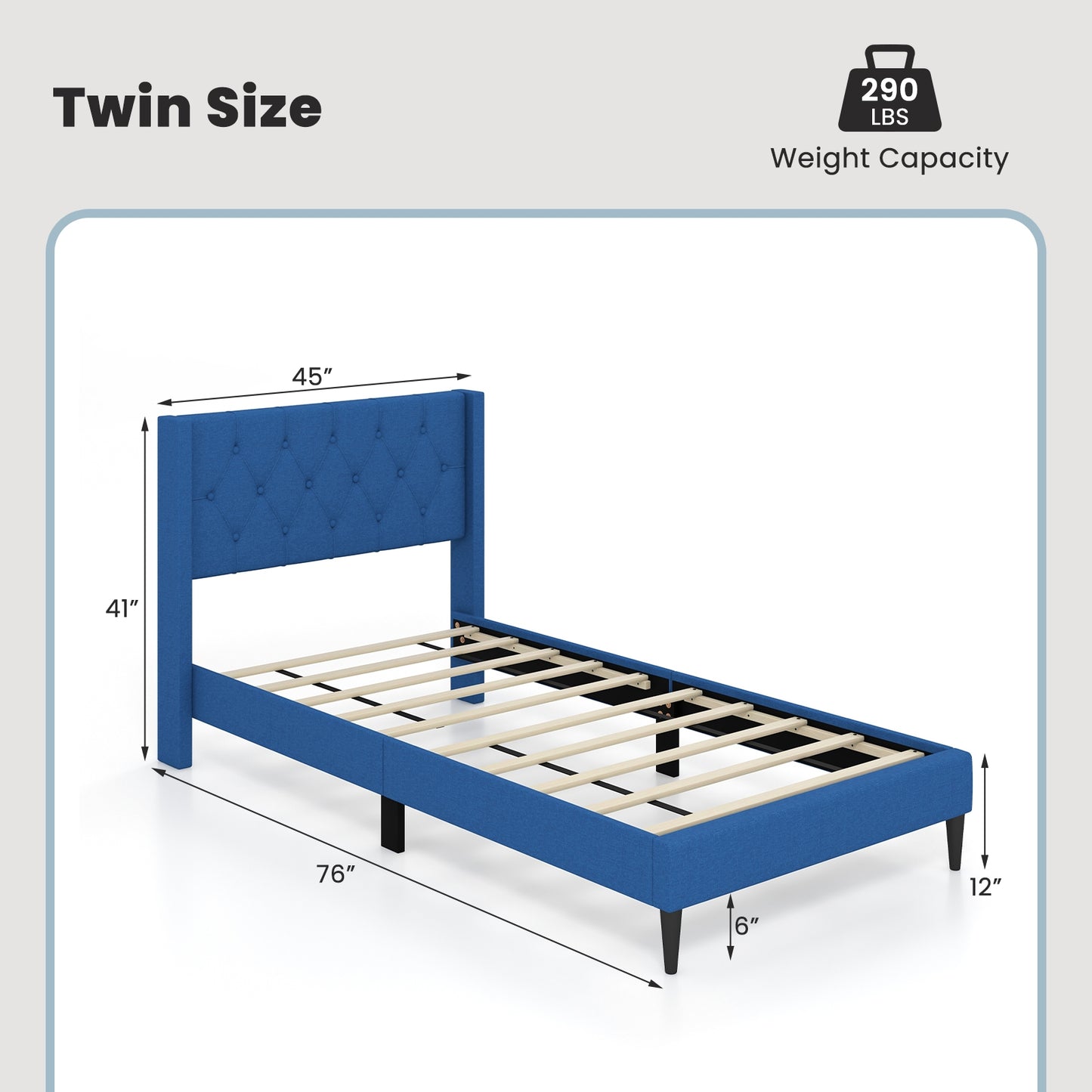 Modern Twin Size Upholstered Platform Bed with Button Tufted Wingback Headboard – Blue