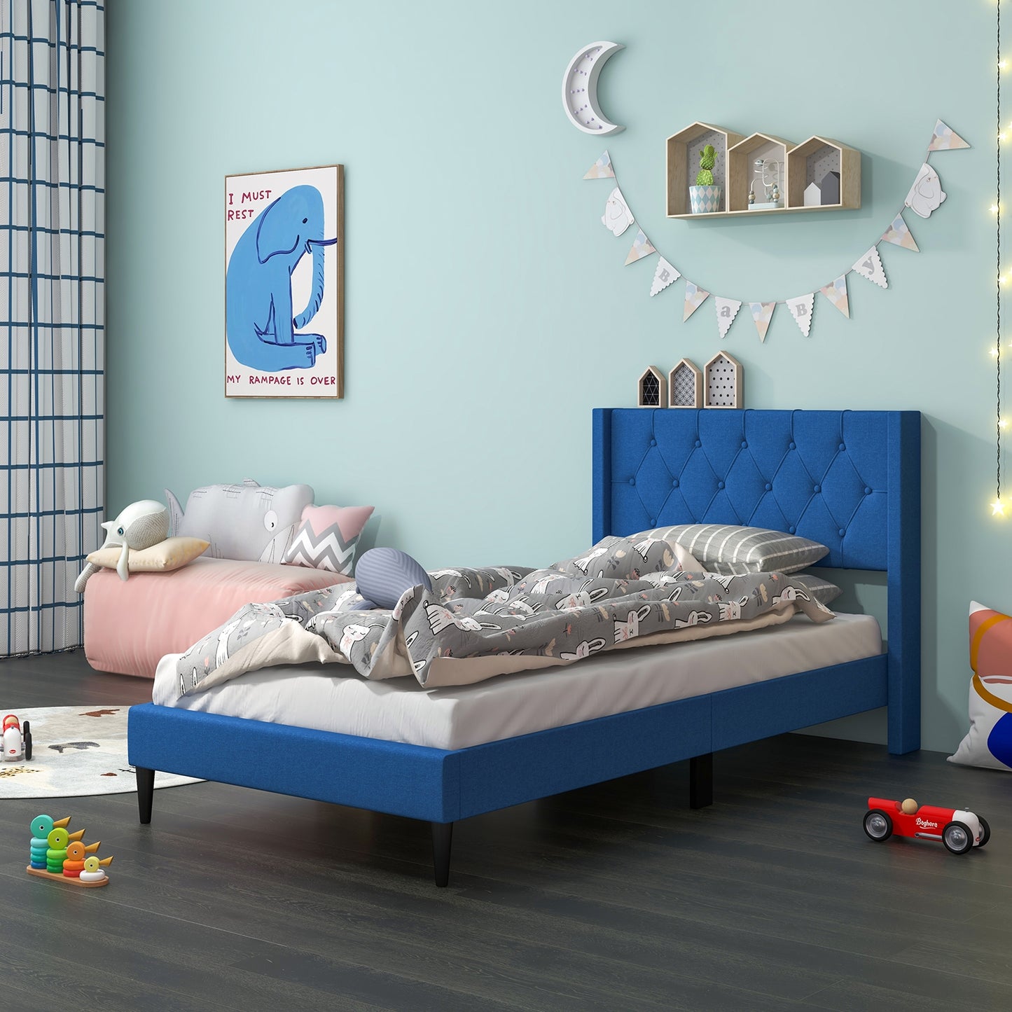 Modern Twin Size Upholstered Platform Bed with Button Tufted Wingback Headboard – Blue