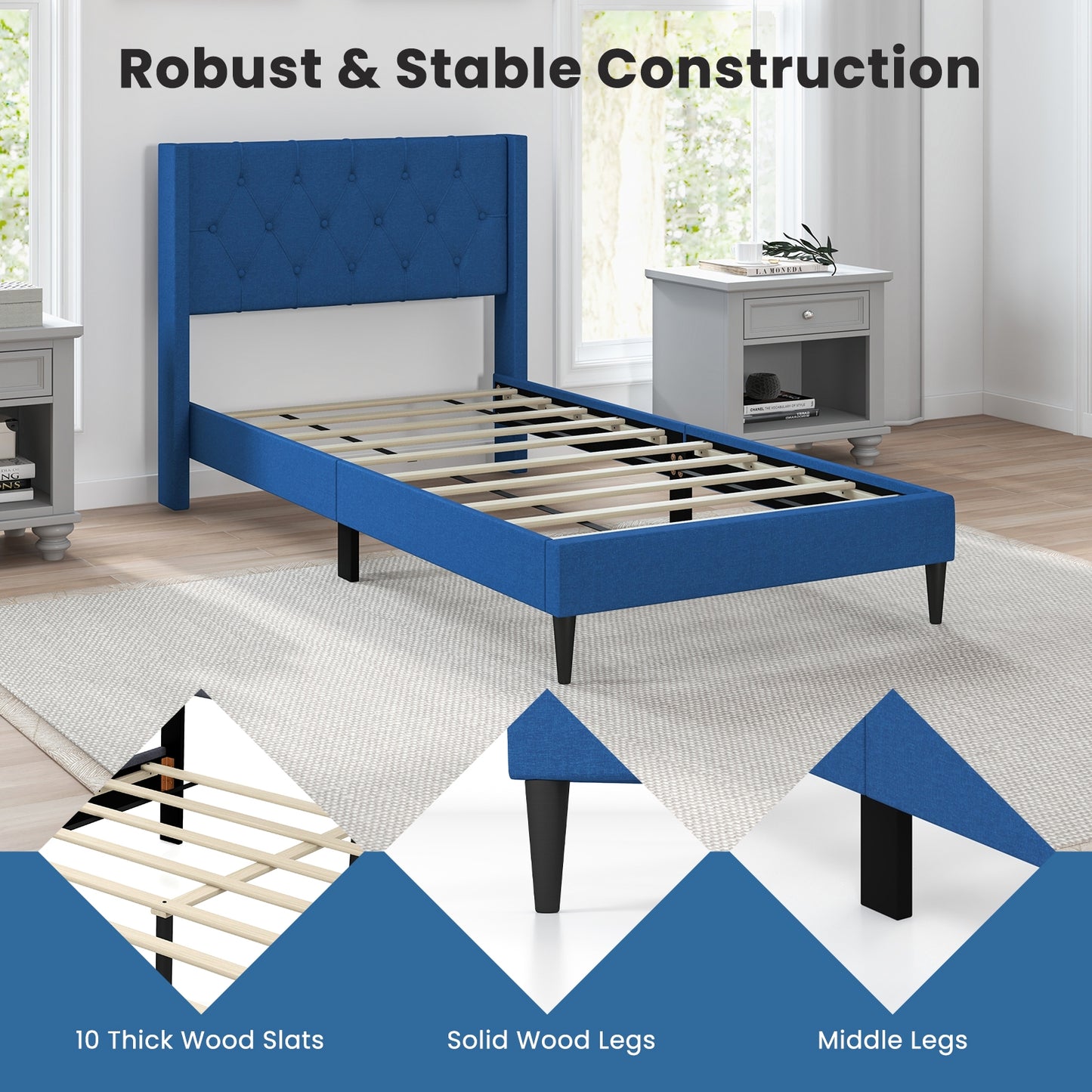 Modern Twin Size Upholstered Platform Bed with Button Tufted Wingback Headboard – Blue