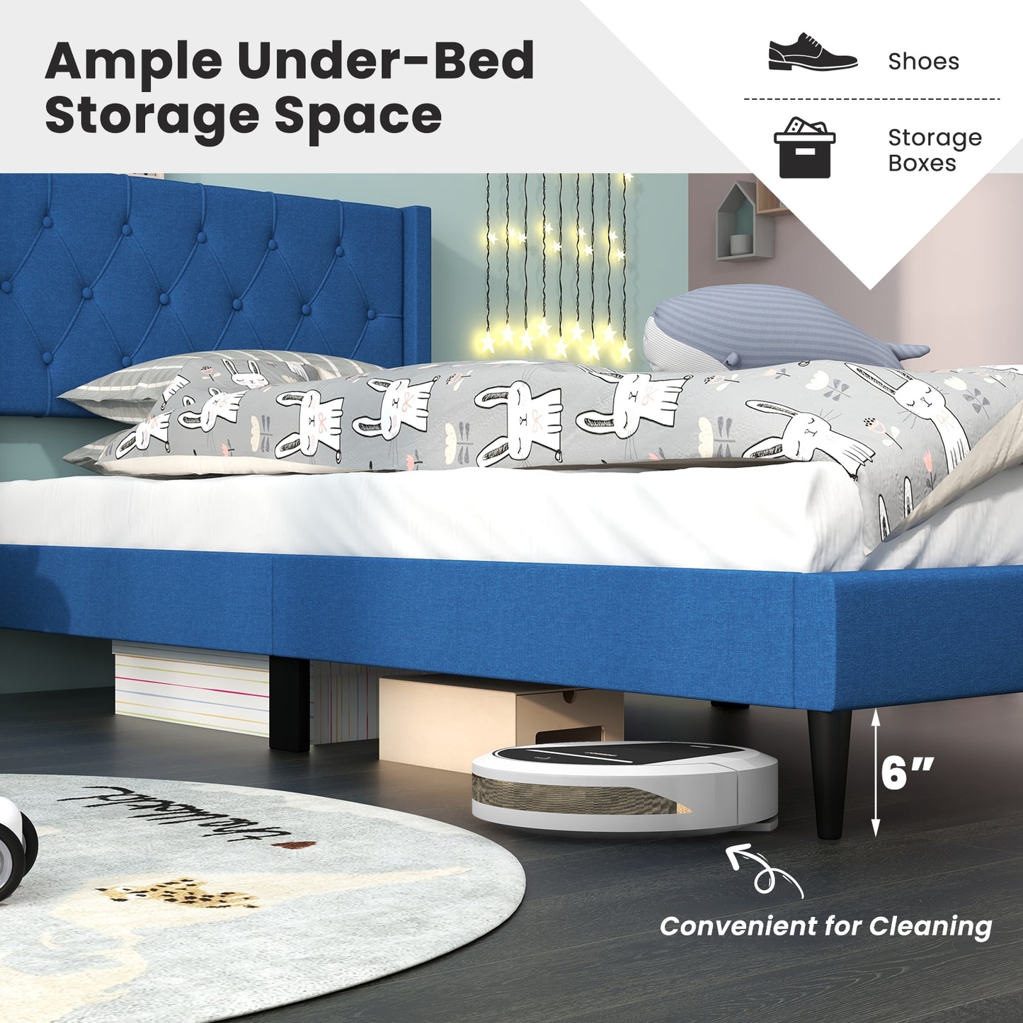 Modern Twin Size Upholstered Platform Bed with Button Tufted Wingback Headboard – Blue