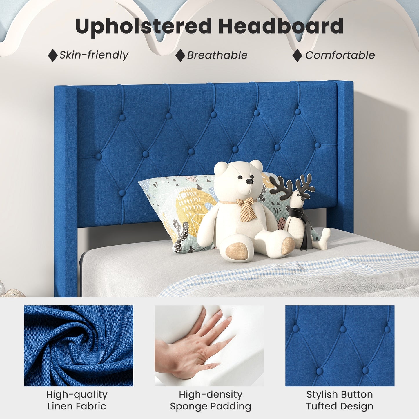 Modern Twin Size Upholstered Platform Bed with Button Tufted Wingback Headboard – Blue