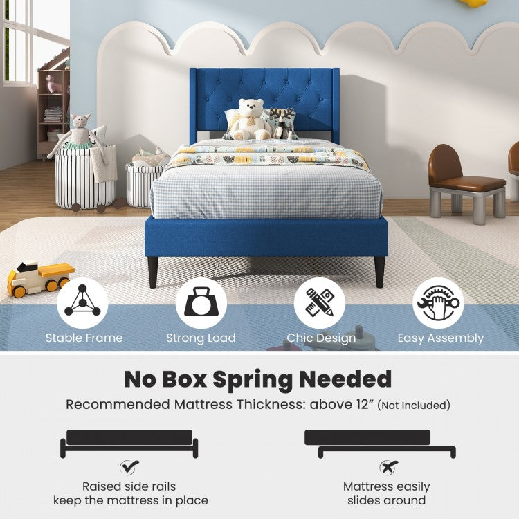 Modern Twin Size Upholstered Platform Bed with Button Tufted Wingback Headboard – Blue
