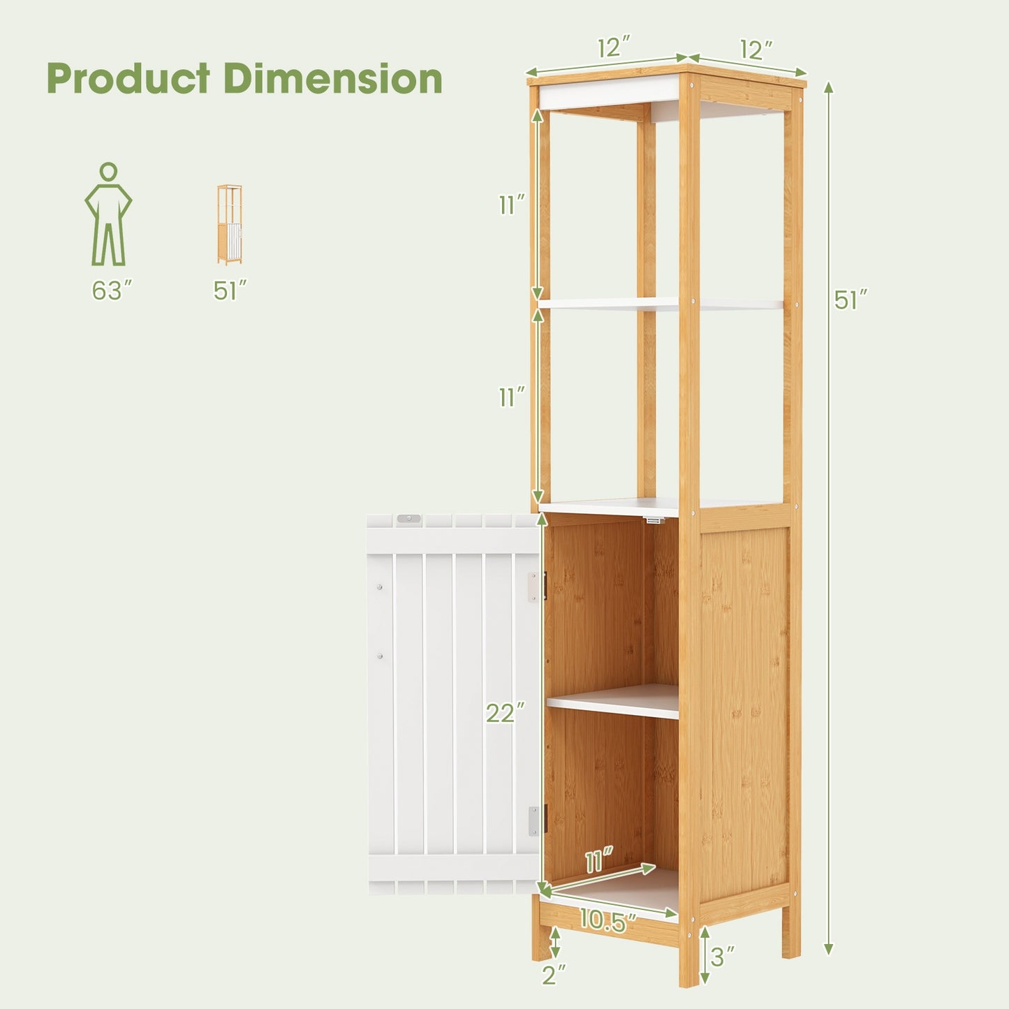 Bamboo Bathroom Cabinet with Adjustable Shelves & Door