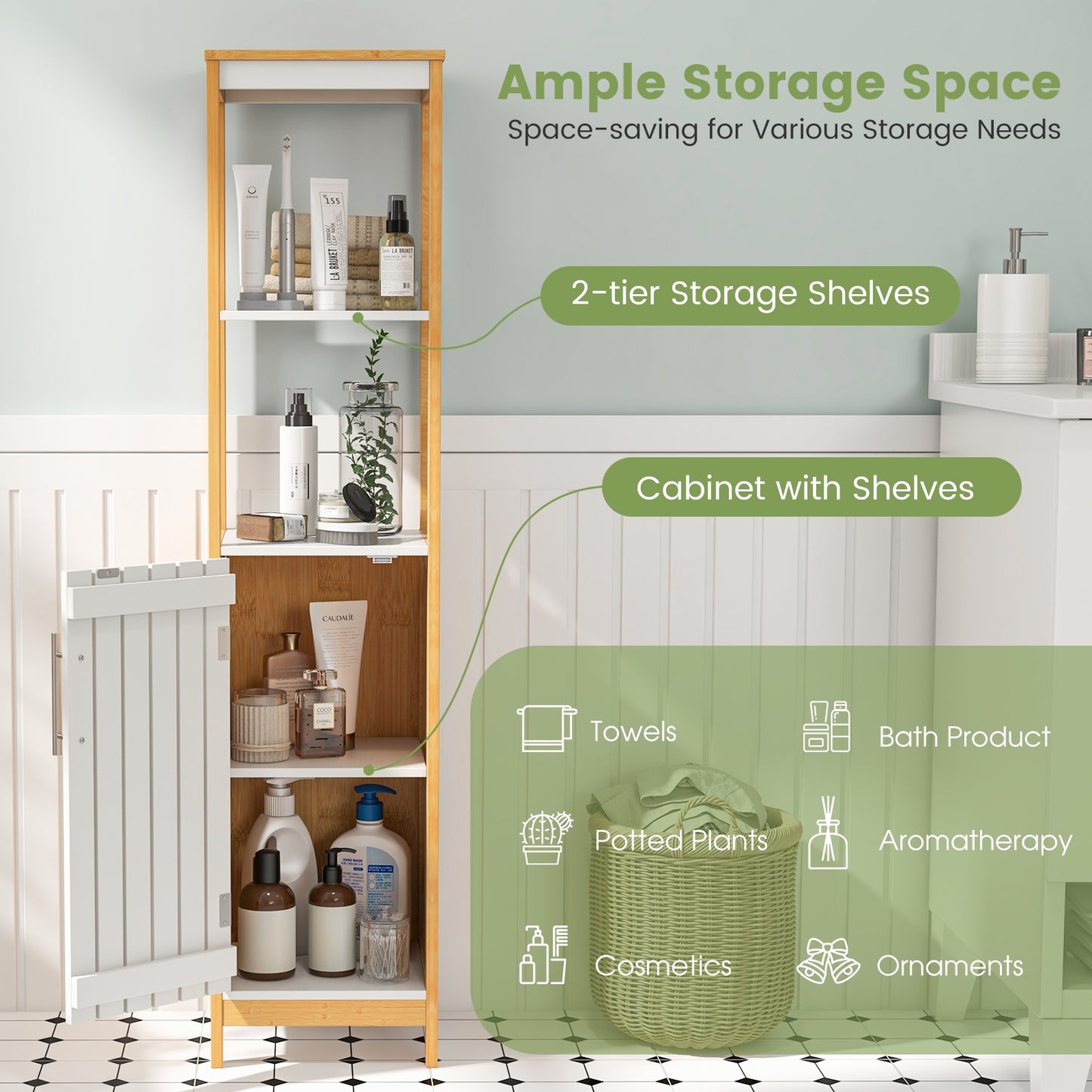 Bamboo Bathroom Cabinet with Adjustable Shelves & Door