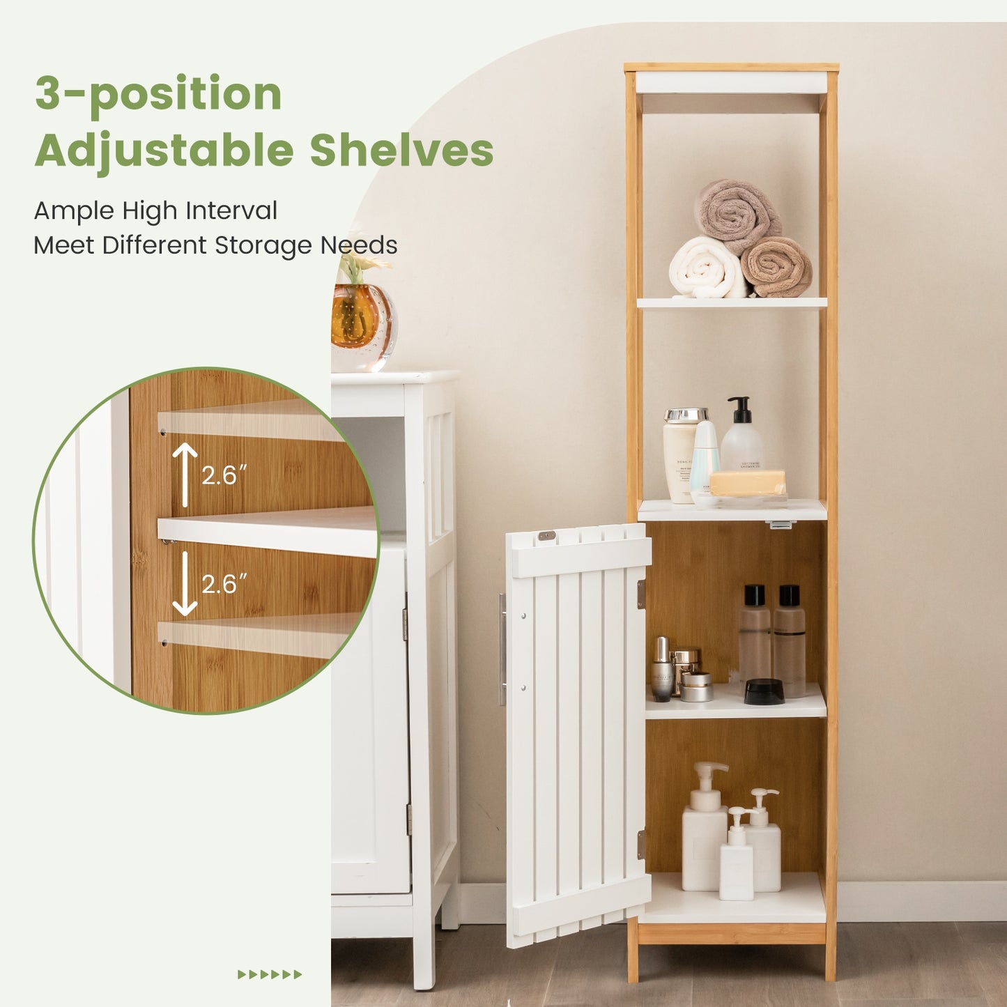 Bamboo Bathroom Cabinet with Adjustable Shelves & Door