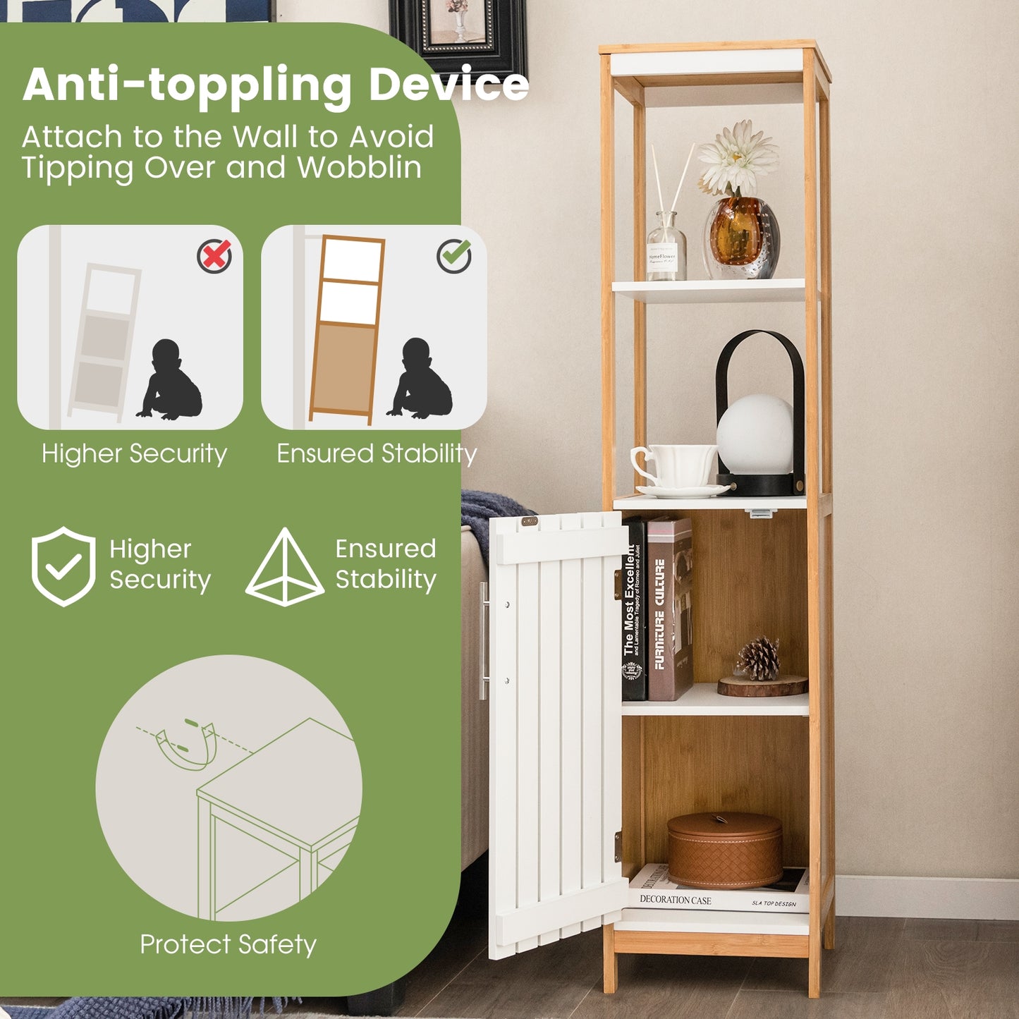 Bamboo Bathroom Cabinet with Adjustable Shelves & Door