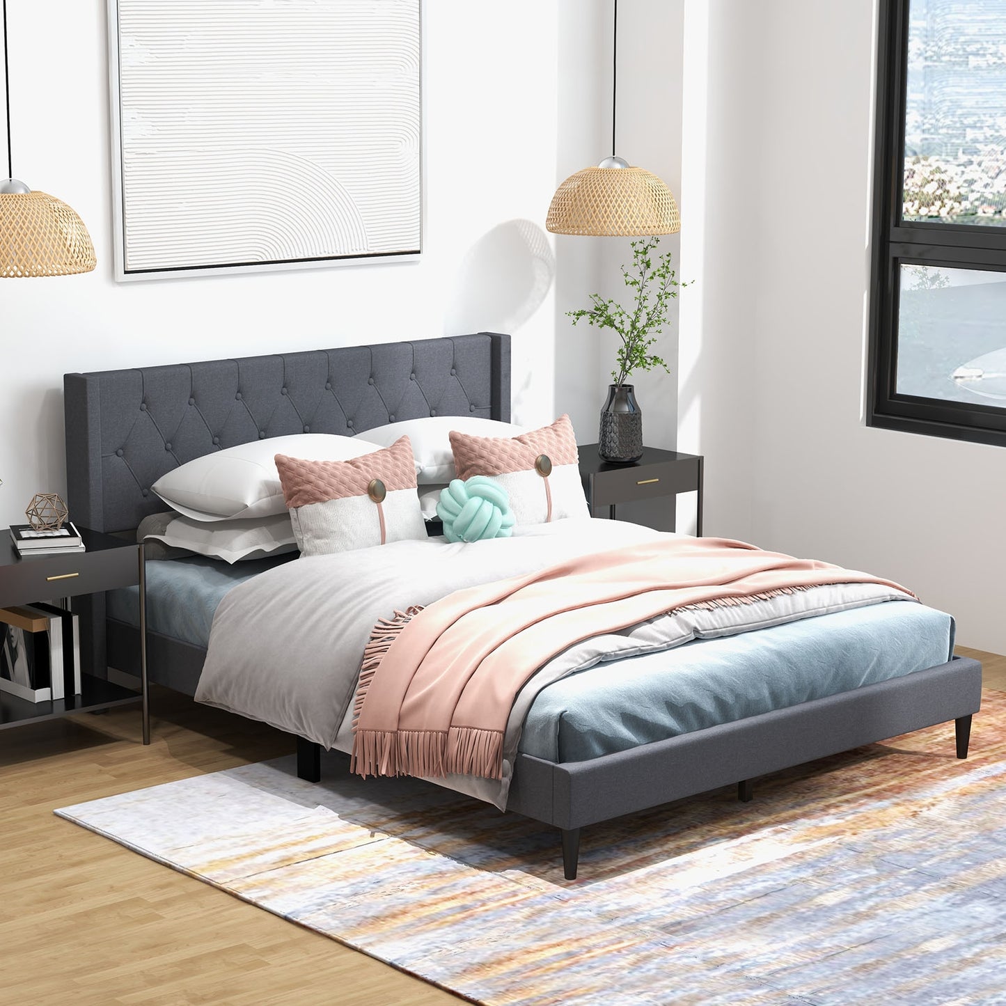 Modern Queen Size Upholstered Platform Bed with Button Tufted Wingback Headboard – Grey