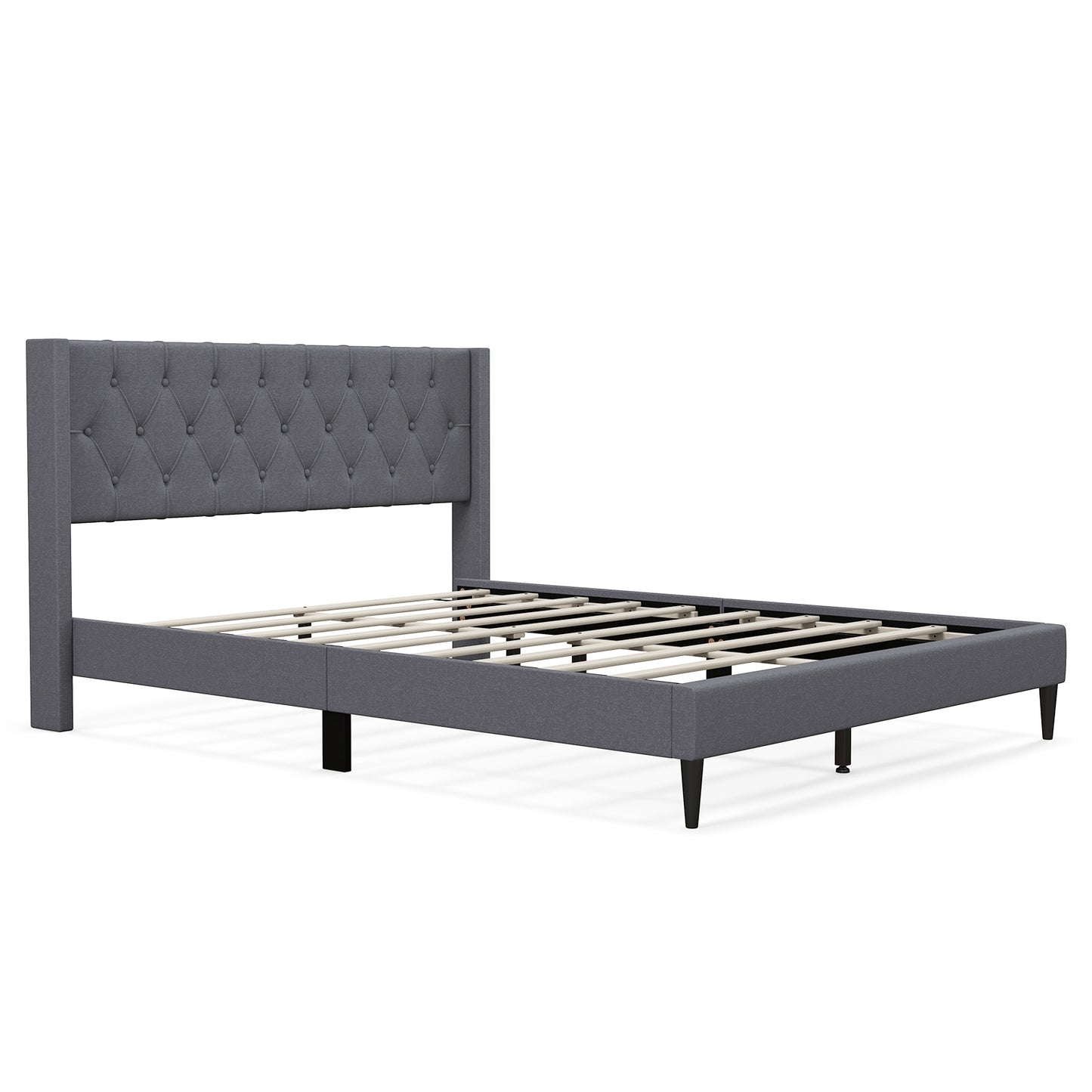 Modern Queen Size Upholstered Platform Bed with Button Tufted Wingback Headboard – Grey