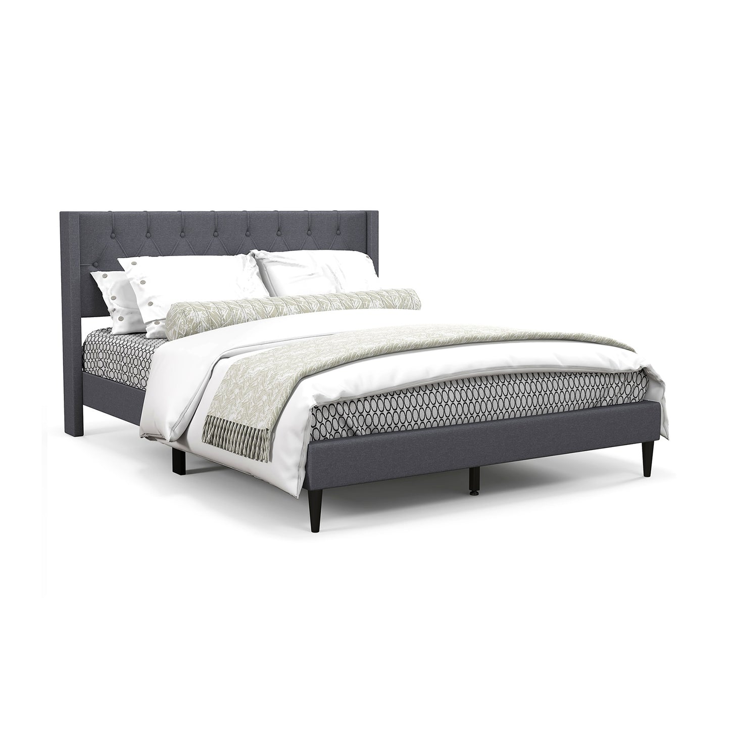 Modern Queen Size Upholstered Platform Bed with Button Tufted Wingback Headboard – Grey