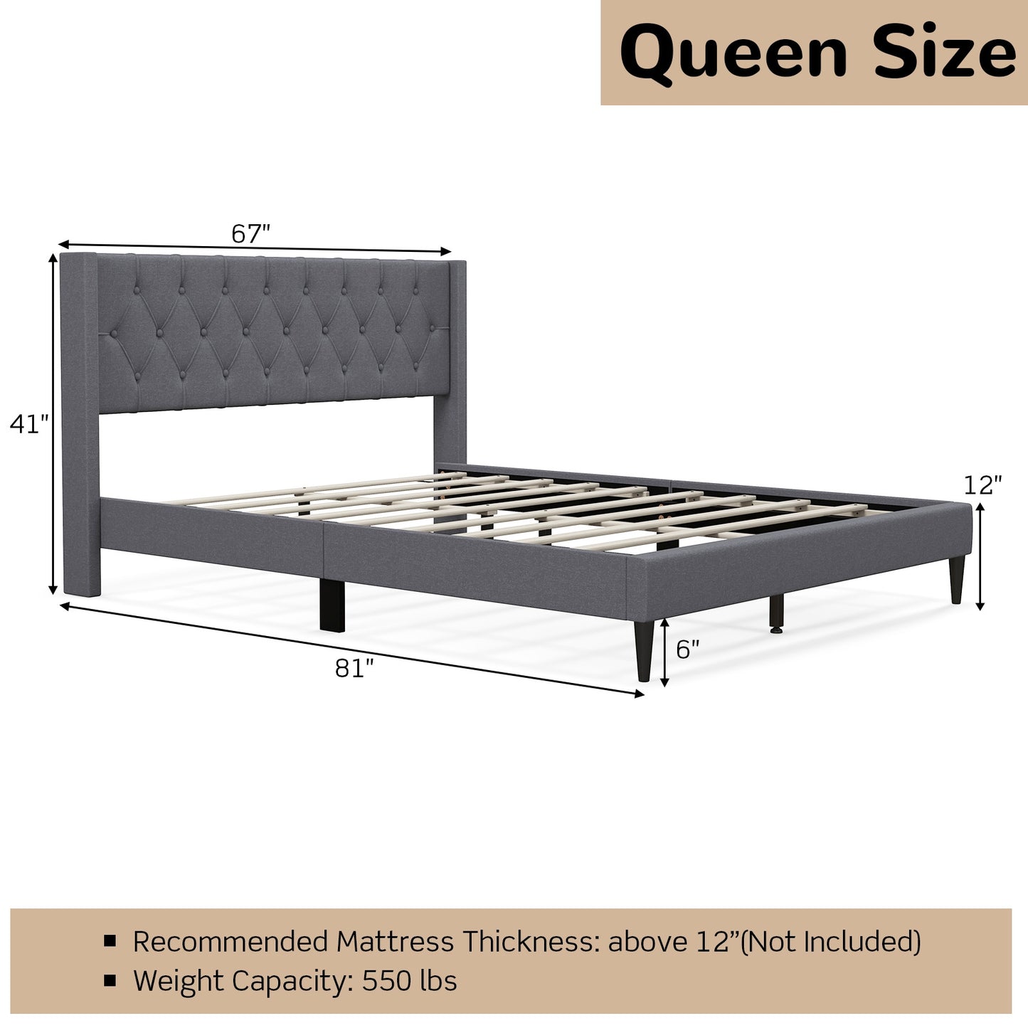 Modern Queen Size Upholstered Platform Bed with Button Tufted Wingback Headboard – Grey
