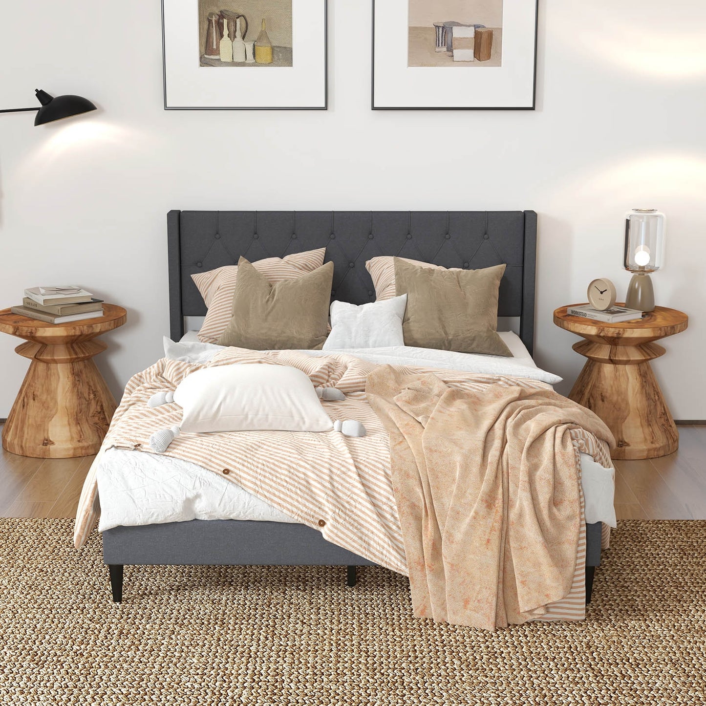 Modern Queen Size Upholstered Platform Bed with Button Tufted Wingback Headboard – Grey