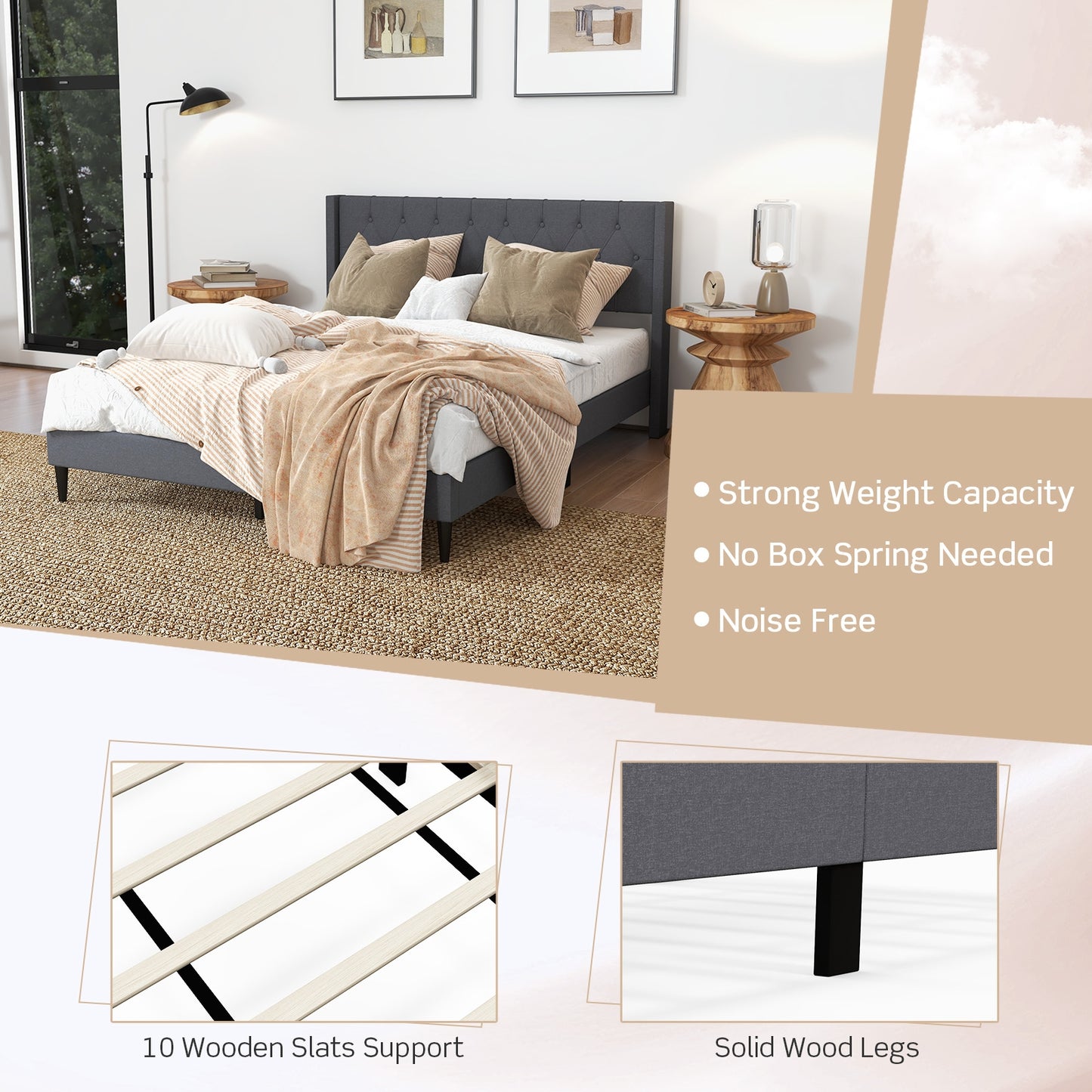 Modern Queen Size Upholstered Platform Bed with Button Tufted Wingback Headboard – Grey