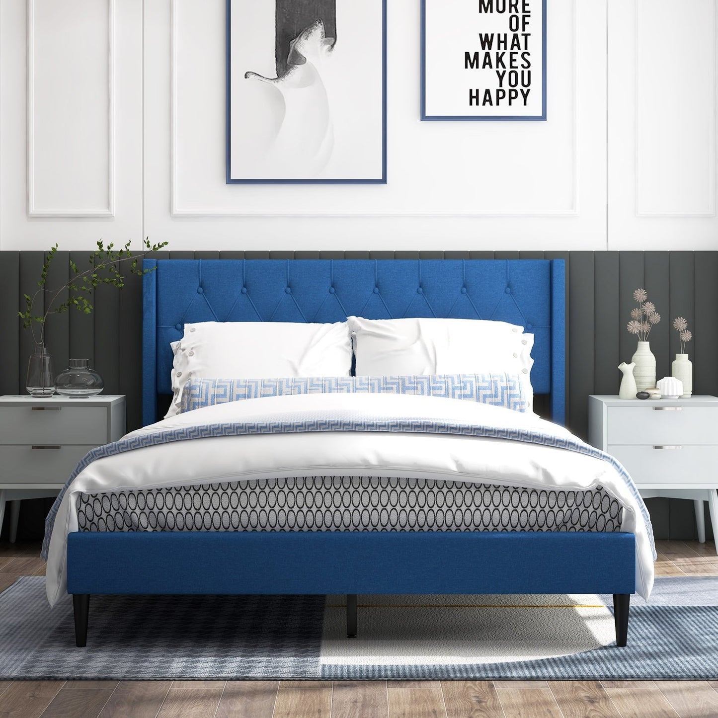 Modern Queen Size Upholstered Platform Bed with Button Tufted Wingback Headboard – Blue