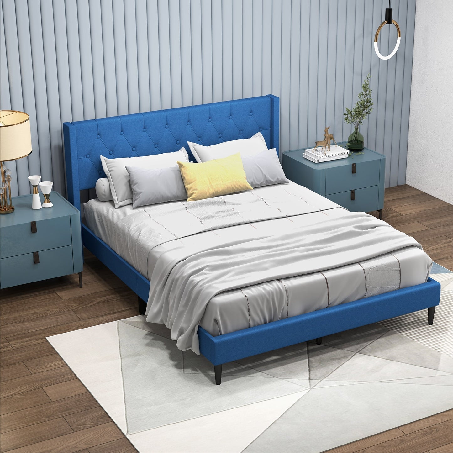 Modern Queen Size Upholstered Platform Bed with Button Tufted Wingback Headboard – Blue