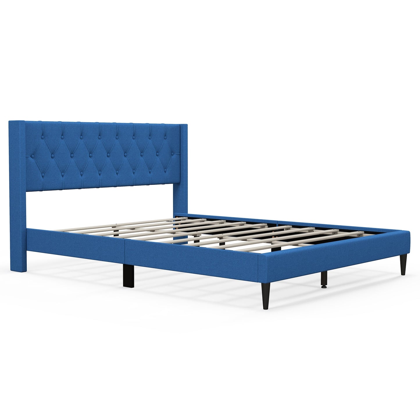 Modern Queen Size Upholstered Platform Bed with Button Tufted Wingback Headboard – Blue