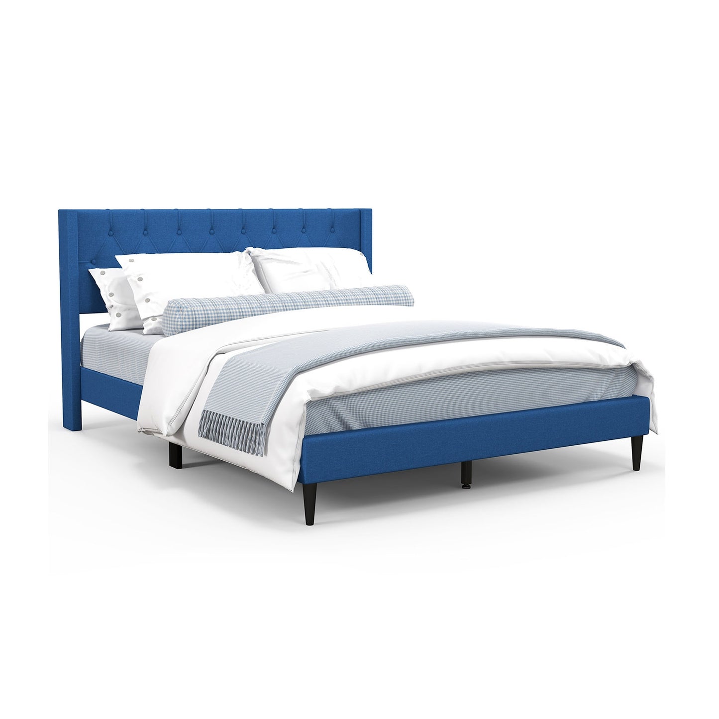 Modern Queen Size Upholstered Platform Bed with Button Tufted Wingback Headboard – Blue
